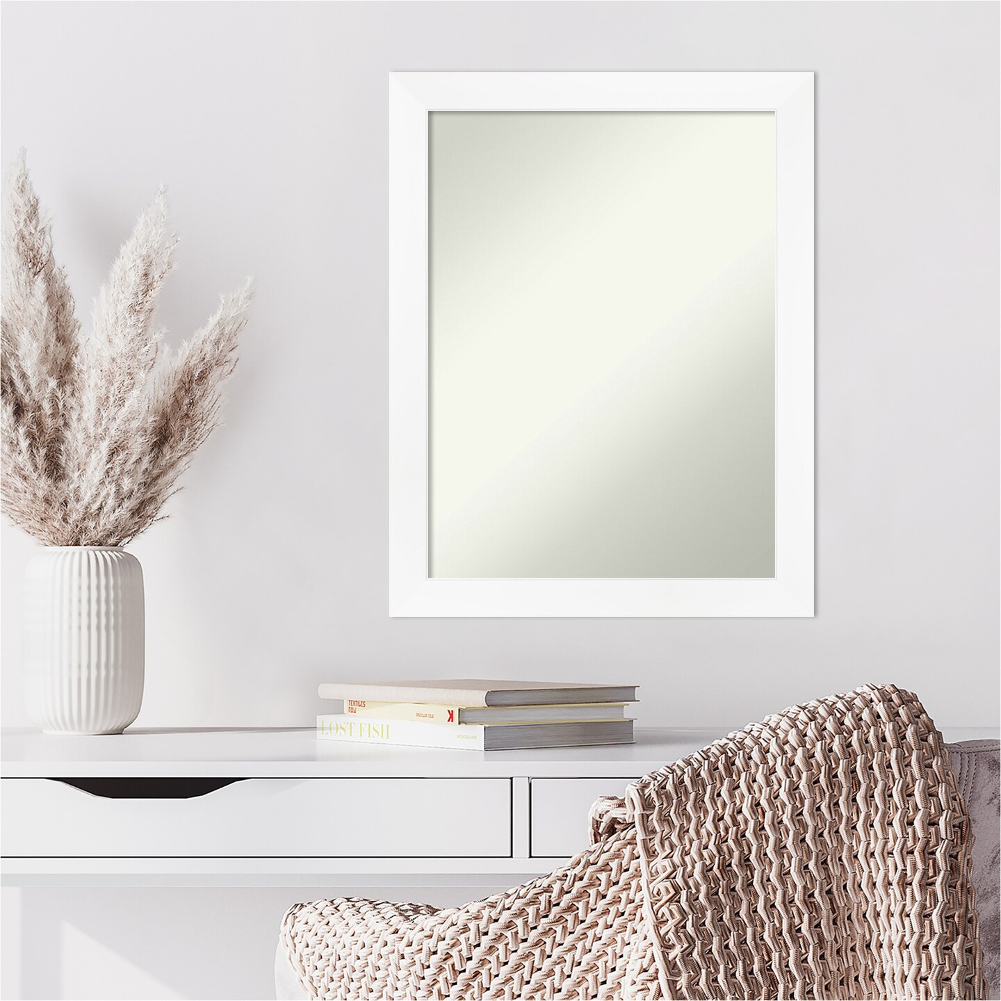 Amanti Art Non-Beveled Wall Mirror, Cabinet White Narrow Frame