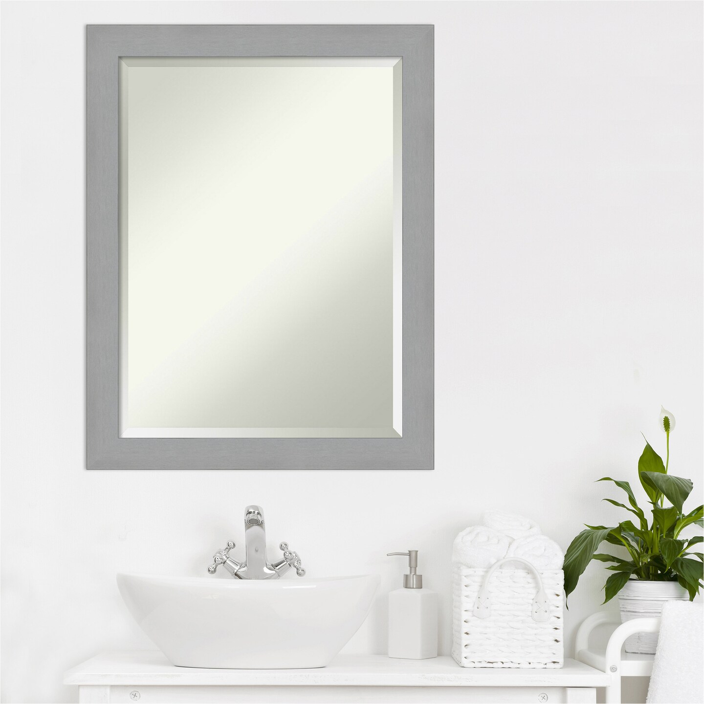 Beveled Bathroom Wall Mirror, Brushed Frame