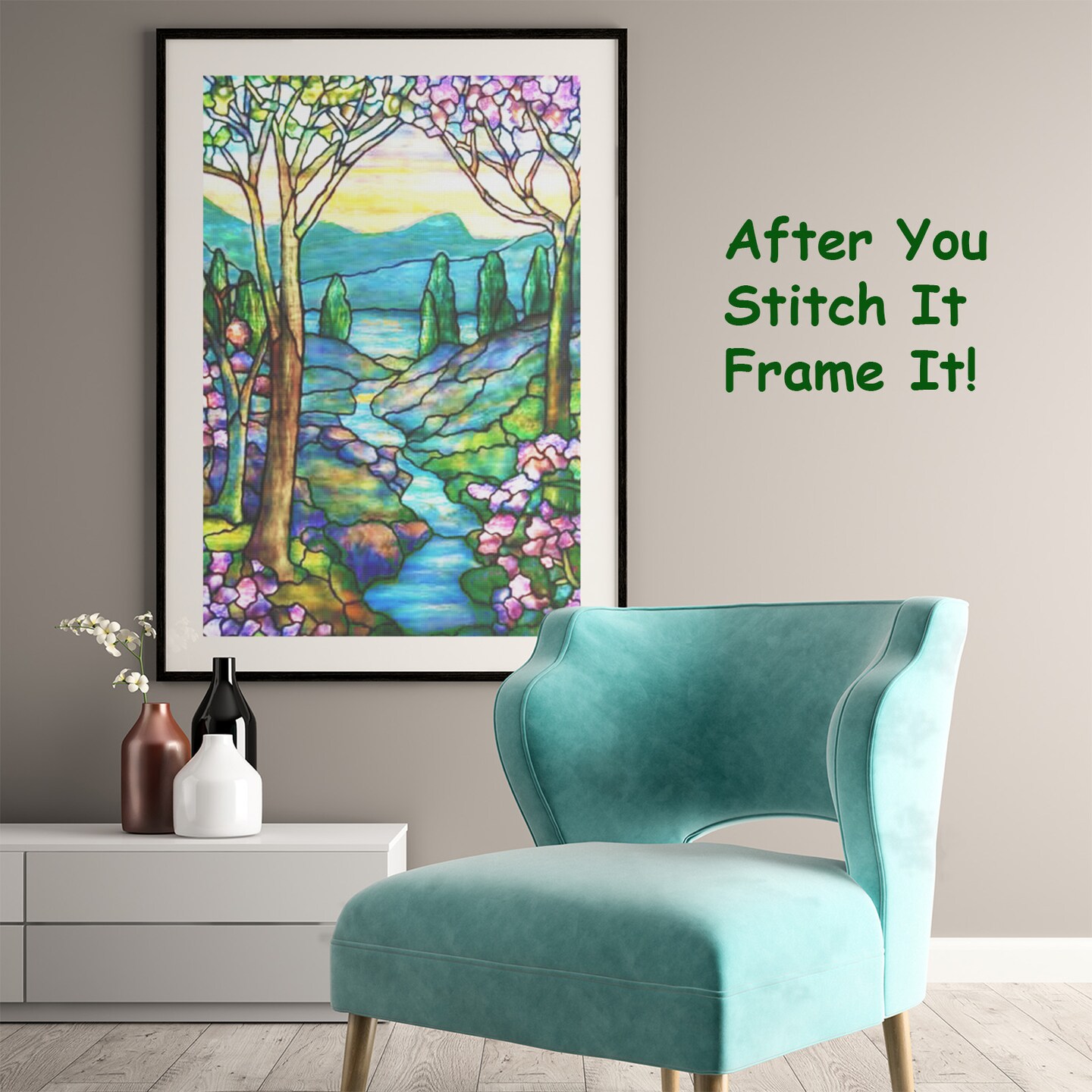 Mountain and Stream Landscape detail inspired by Louis Comfort Tiffany Counted Cross Stitch Pattern