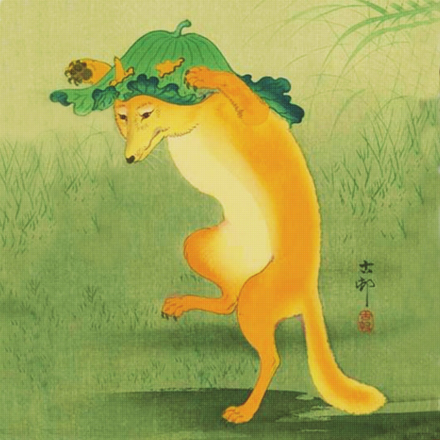 Japanese Ohara Shoson's The Dancing Fox Detail Square Counted Cross Stitch Pattern