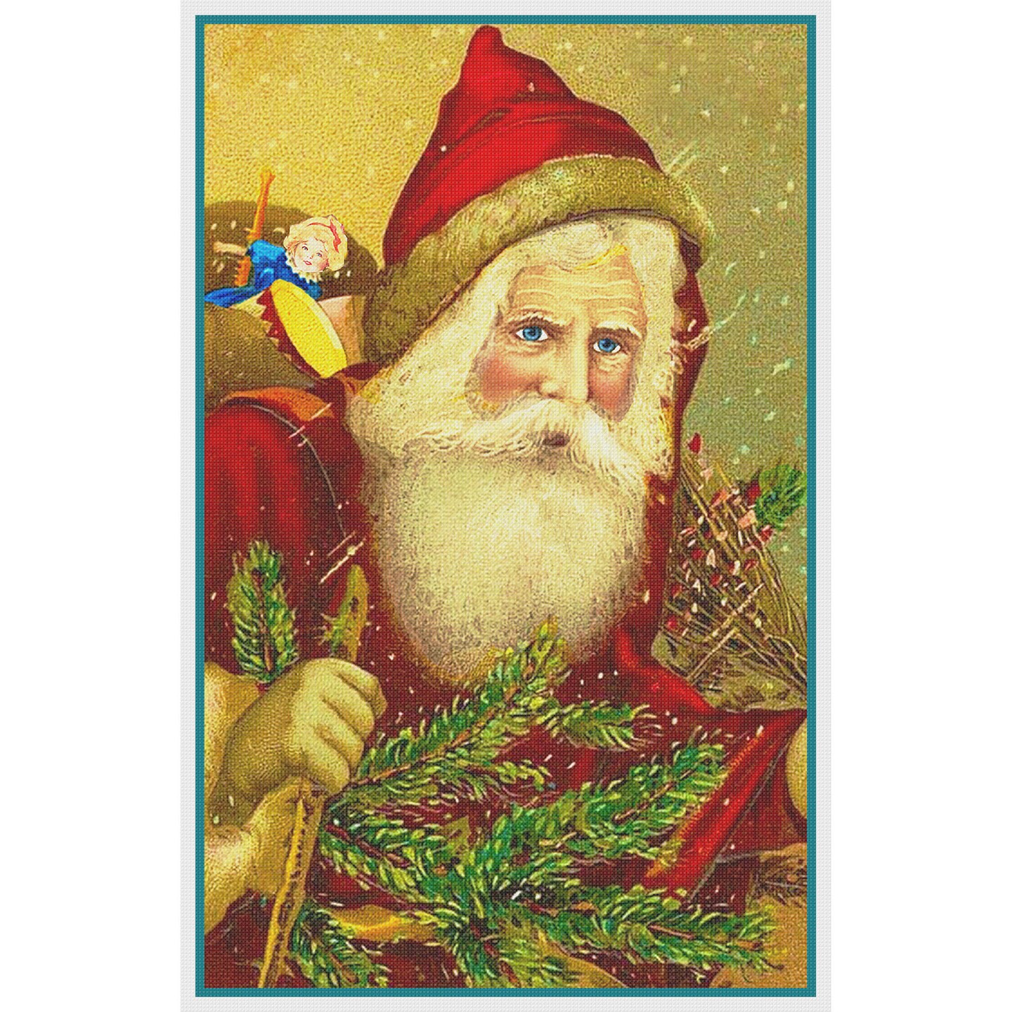 Victorian Father Christmas Santa In a Red Cape, Hat and Tree Counted Cross Stitch Pattern