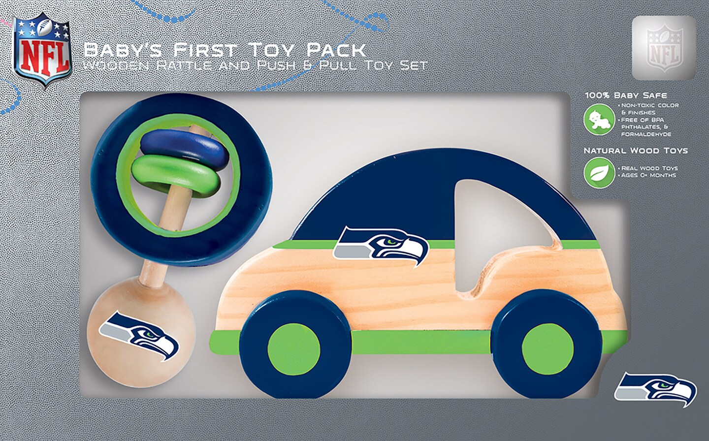 BabyFanatic Wood Rattle And Push &#x26; Pull Toy Pack - NFL Seattle Seahawks - Officially Licensed Baby And Toddler Toy Set
