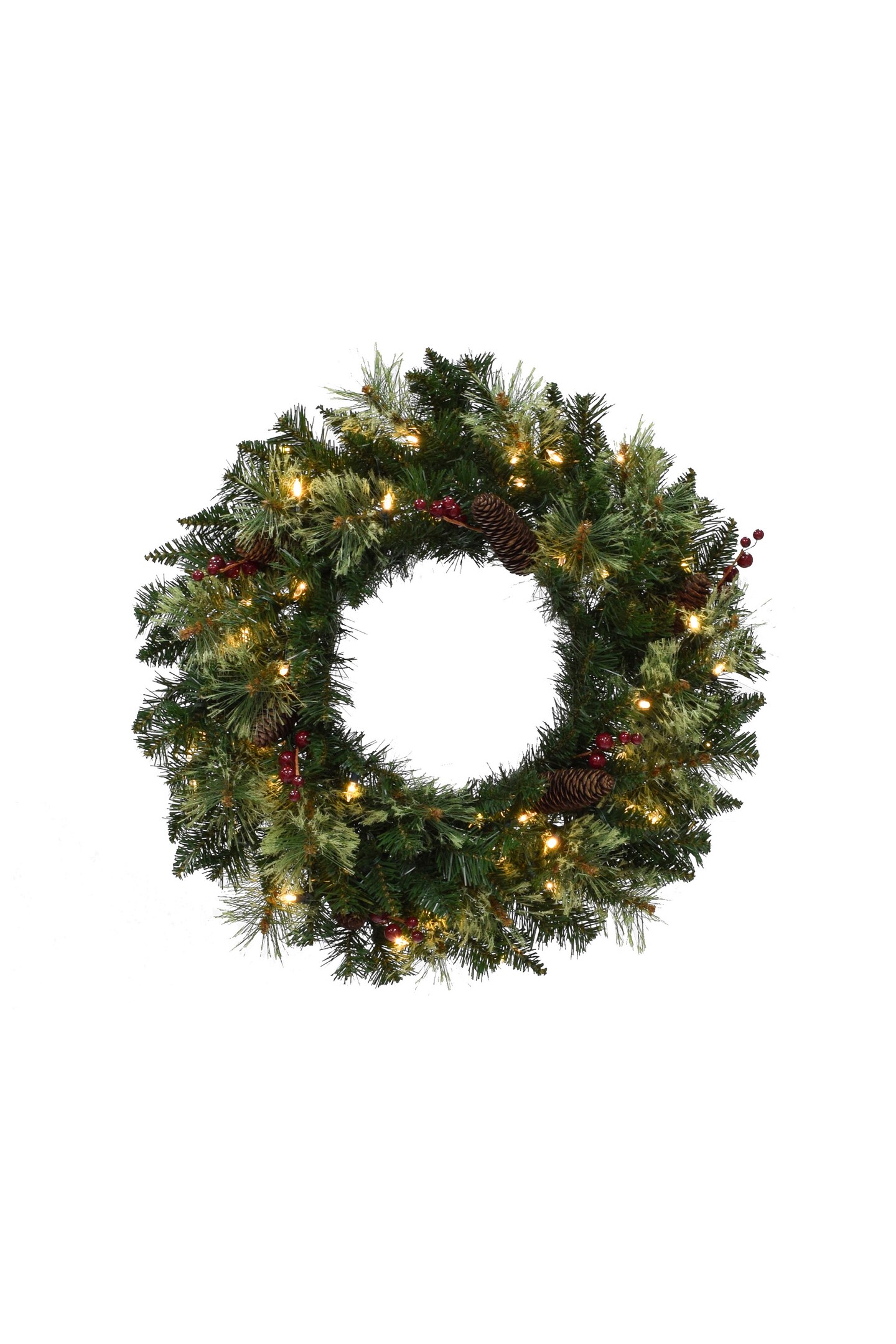 Perfect Holiday 24&#x22; Pre-lit Jasper Mixed Pine Wreath With Pine Cones And Red Berry Clusters