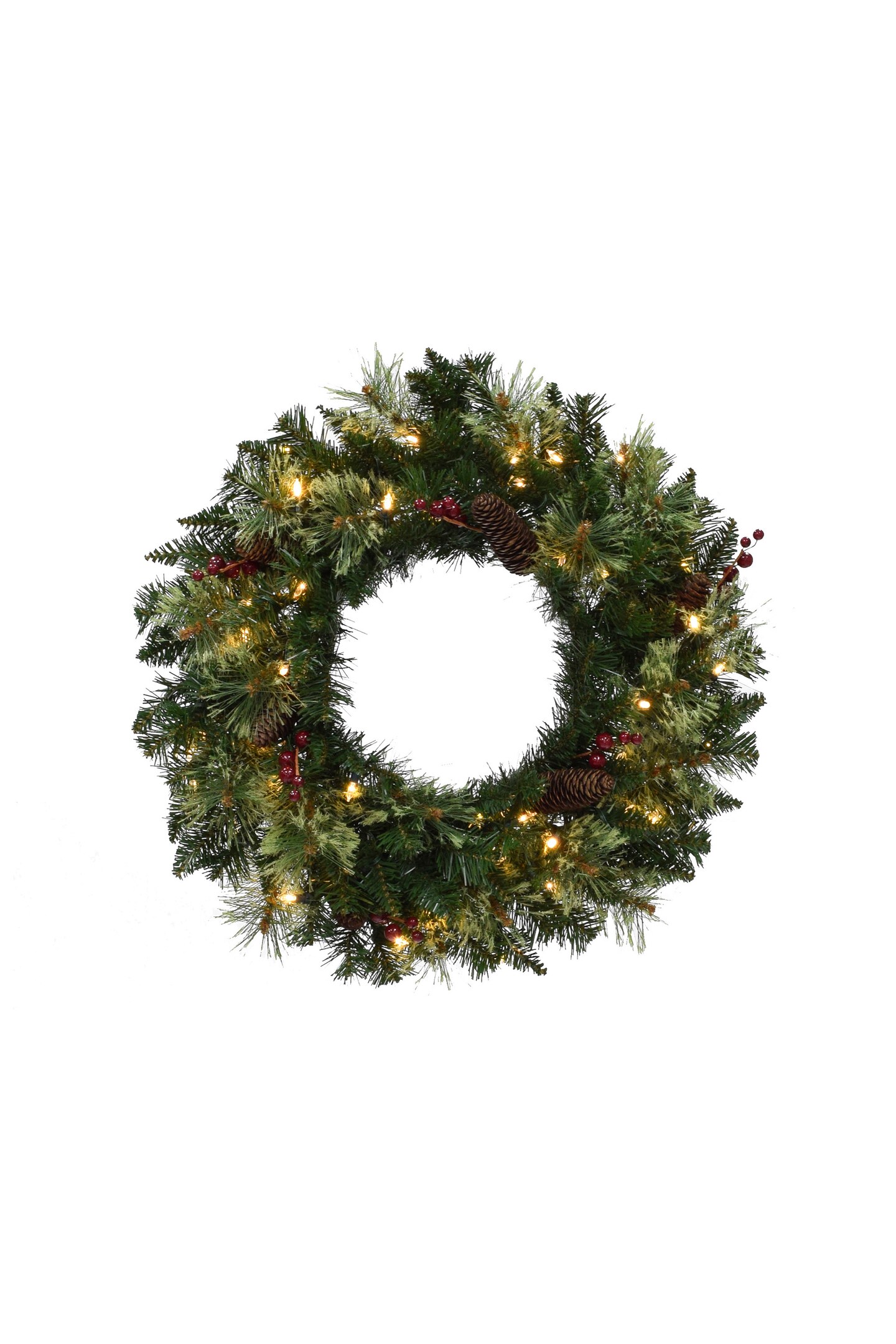 Perfect Holiday 24" Pre-lit Jasper Mixed Pine Wreath With Pine Cones And Red Berry Clusters