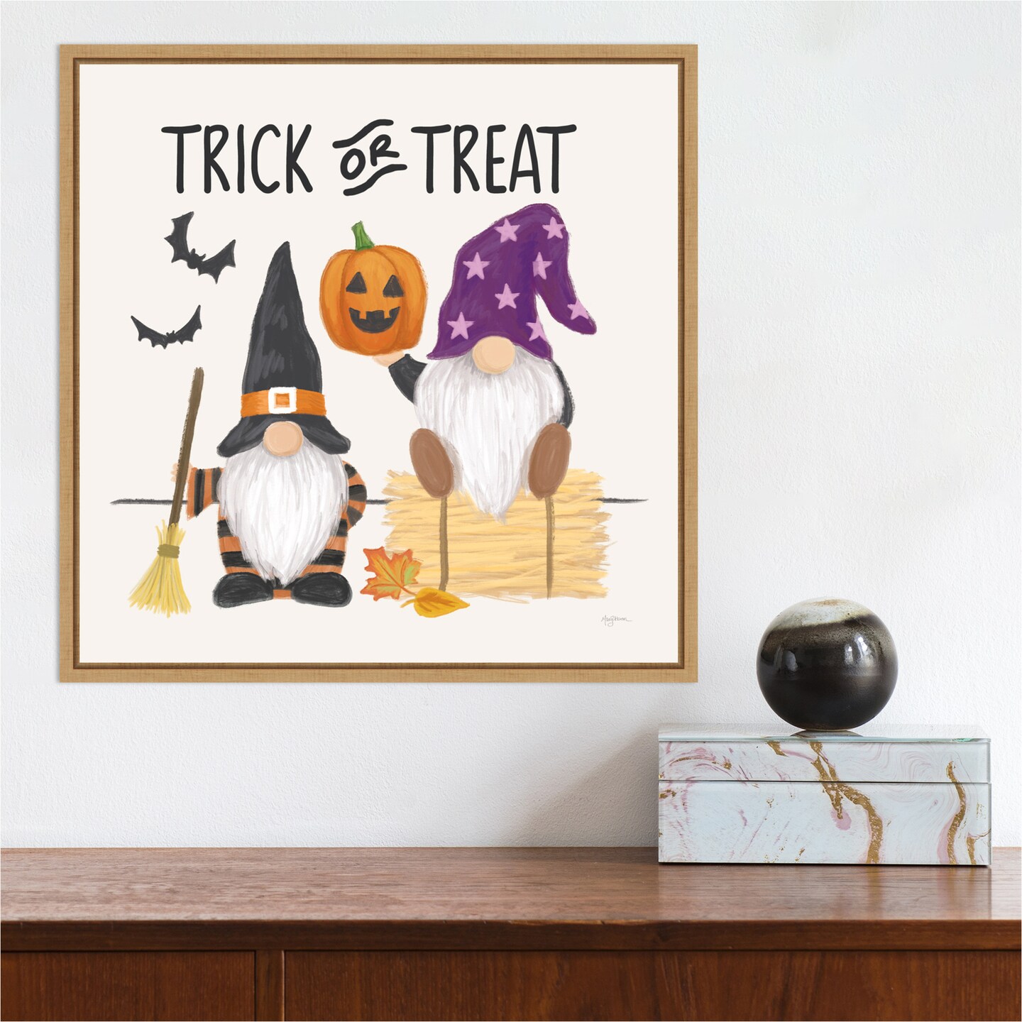 Halloween Gnomes III by Mary Urban 16-in. W x 16-in. H. Canvas Wall Art Print Framed in Natural