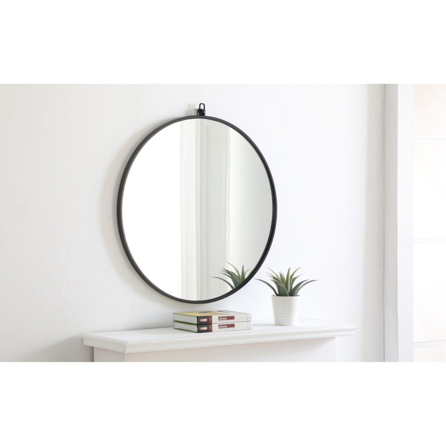 Metal frame Round Mirror with decorative hook 28 inch Black finish ...