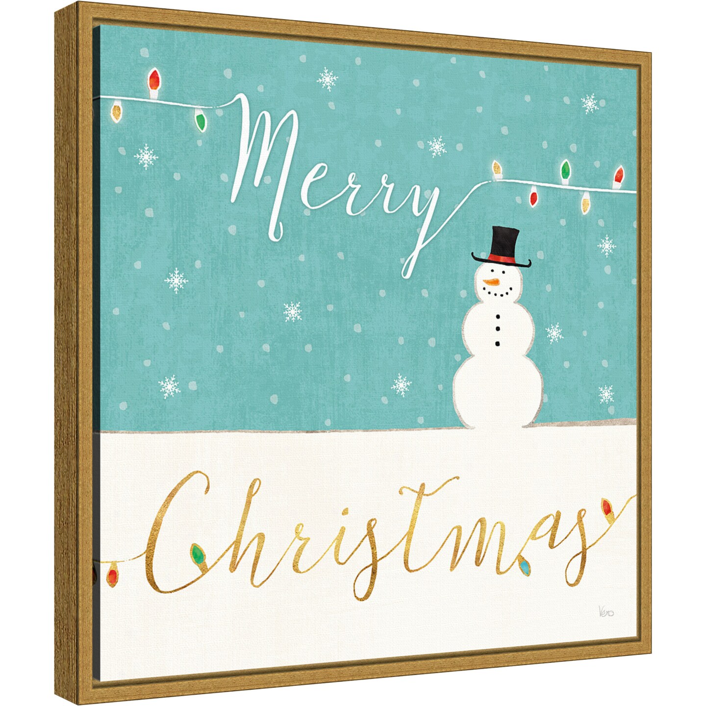 Merry Christmas Snowman by Veronique Charron 16-in. W x 16-in. H. Canvas Wall Art Print Framed in Gold