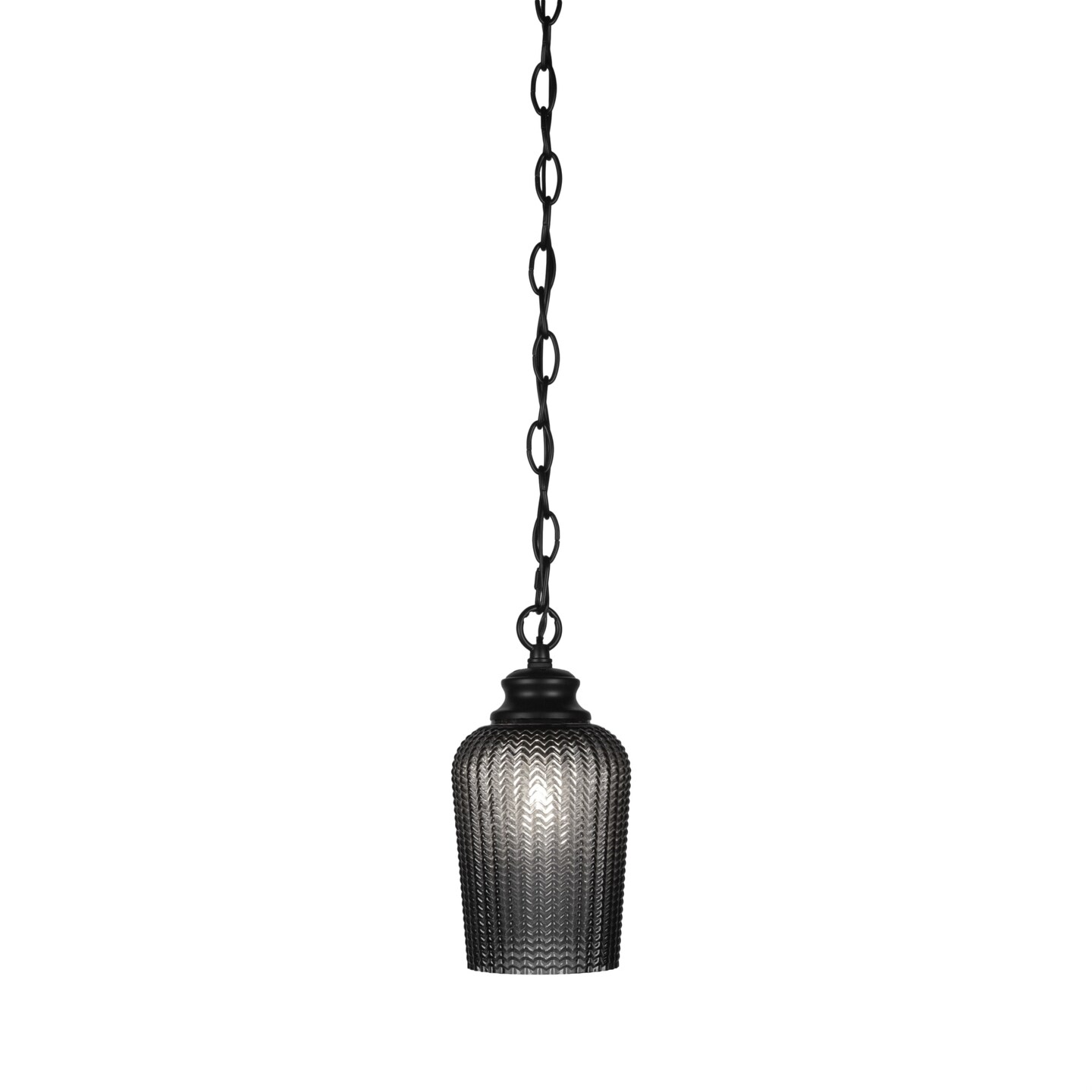 Cordova Chain Hung Pendant Shown In Matte Black Finish With 5" Smoke Textured Glass Pendant