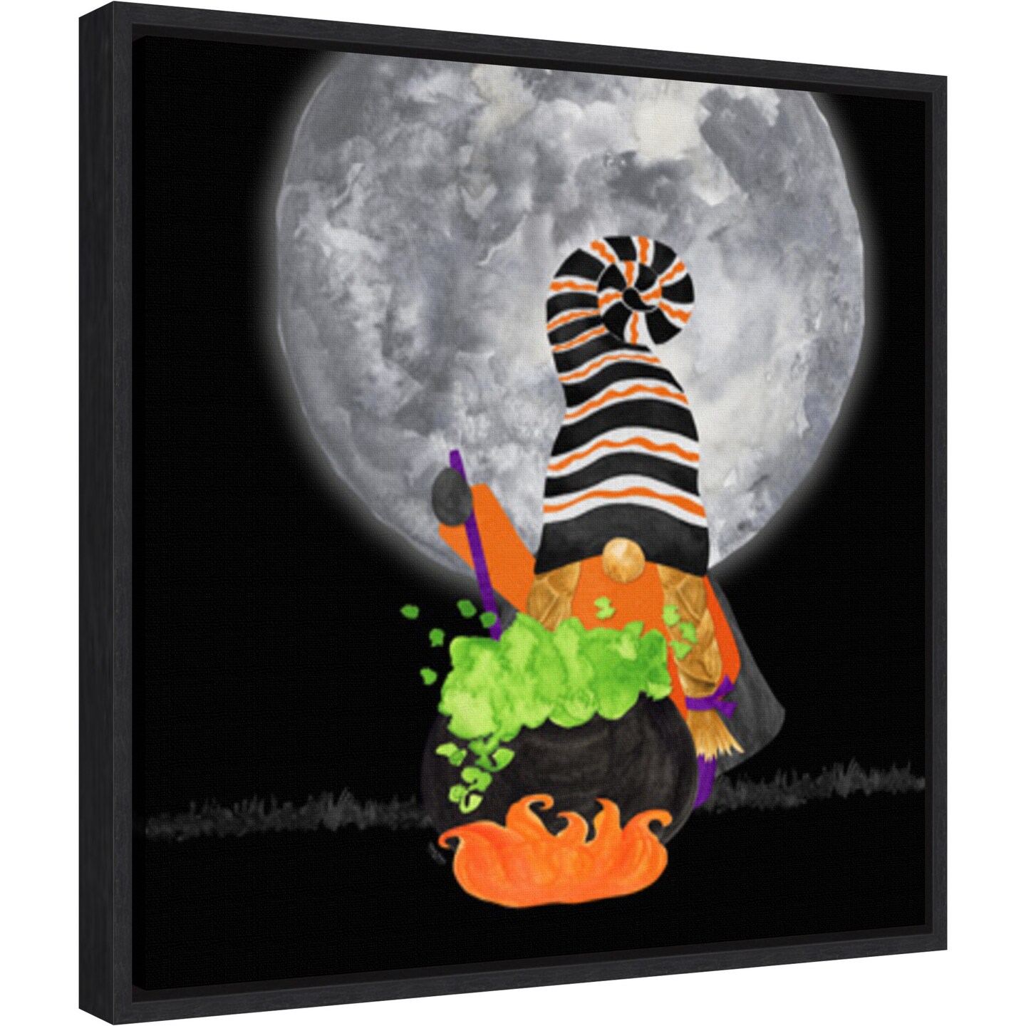 Gnomes of Halloween IV-Cauldron by Tara Reed 16-in. W x 16-in. H. Canvas Wall Art Print Framed in Black