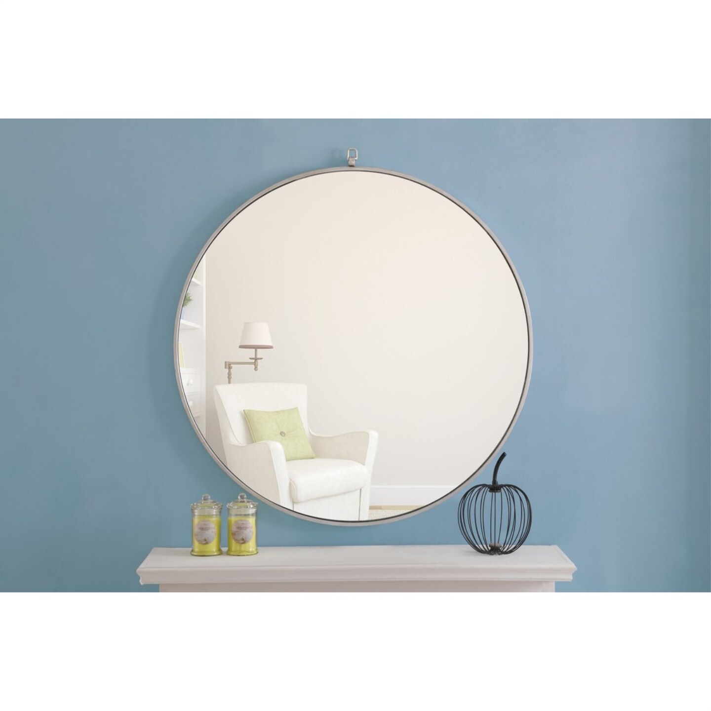 Metal frame Round Mirror with decorative hook 36 inch Silver finish