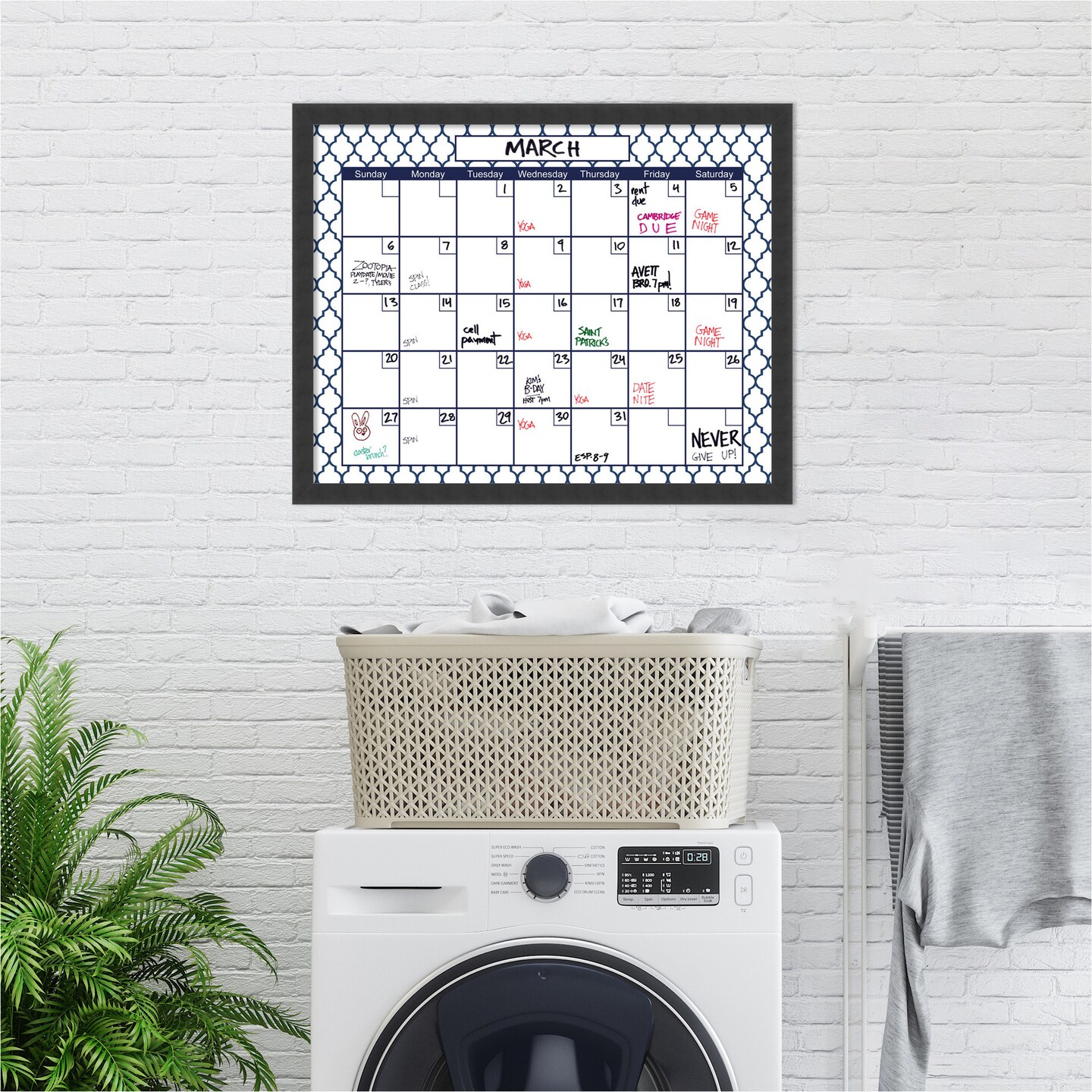 Glass Dry Erase Board Large, Blue Quatrefoil Calendar Framed