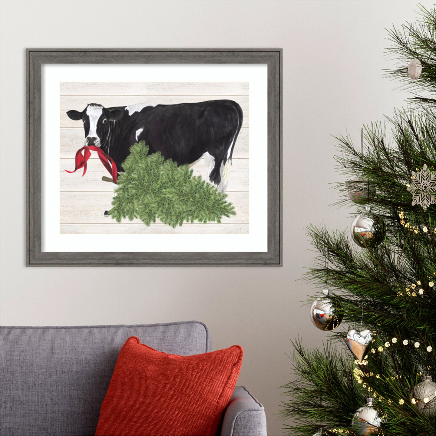 Christmas on the Farm II-Cow with Tree by Tara Reed Wood Framed Wall Art Print 27 in. W x 23 in. H