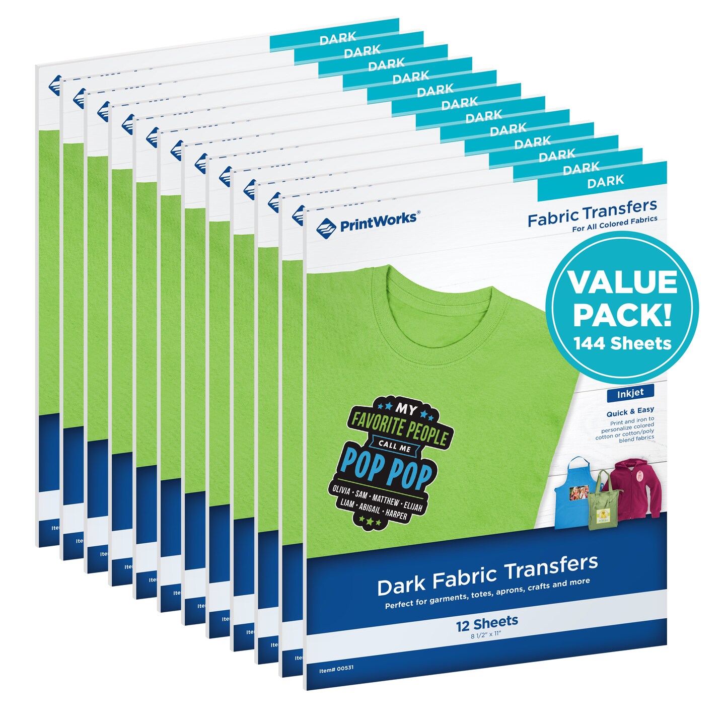 Printworks Dark T-Shirt Transfers for Inkjet Printers, 144 Sheets Bulk Pack, 8 ½” x 11” (00531C)