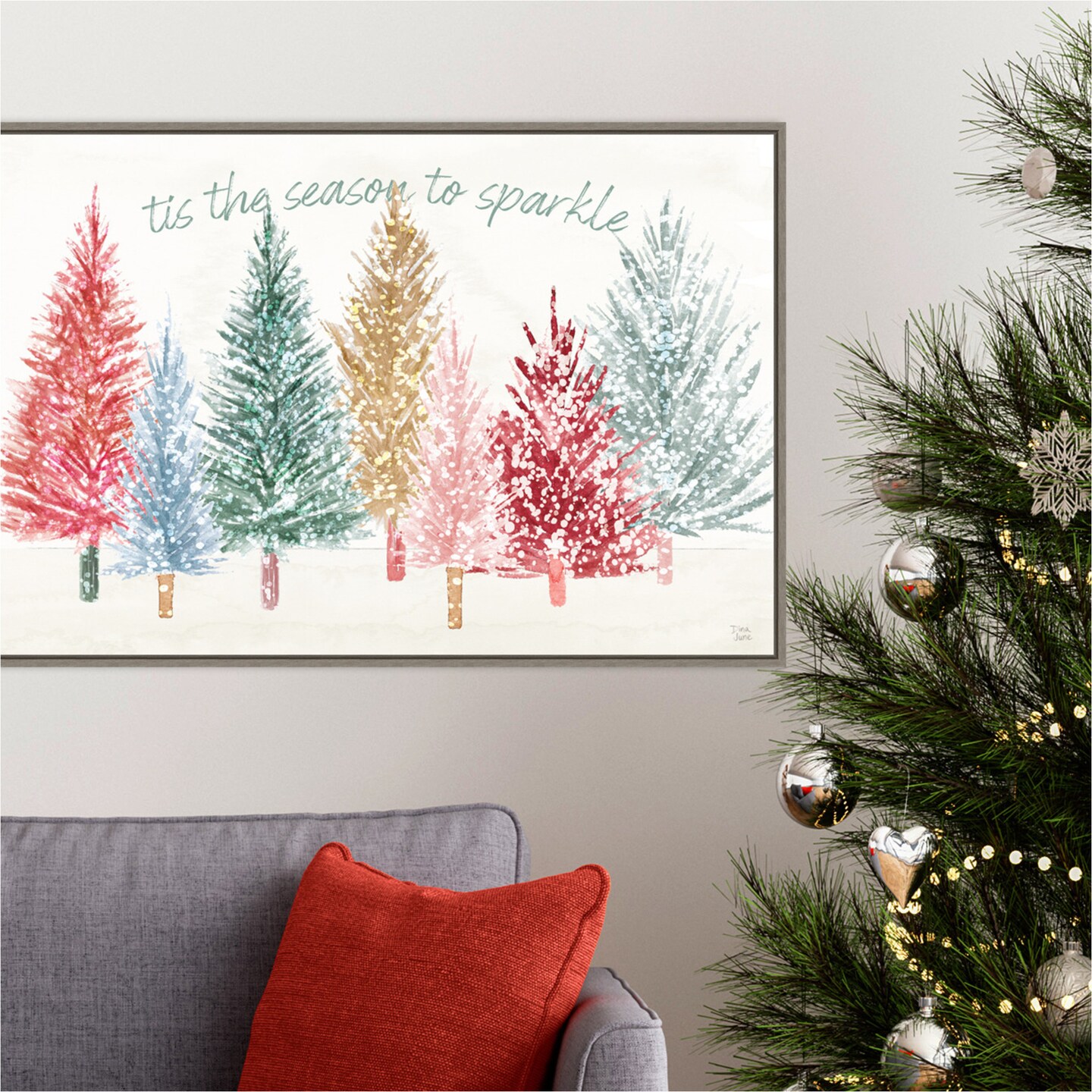 Holiday Sparkle I by Dina June 33-in. W x 23-in. H. Canvas Wall Art Print Framed in Grey