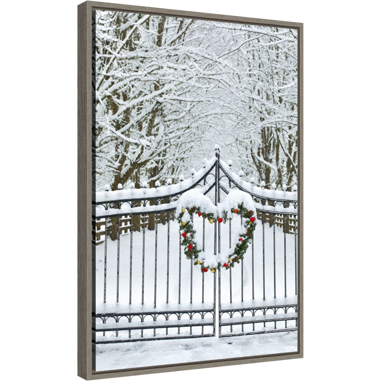 Christmas Wreath and Snow Covered Gate by Darrell Gulin Danita Delimont 16-in. W x 23-in. H. Canvas Wall Art Print Framed in Grey