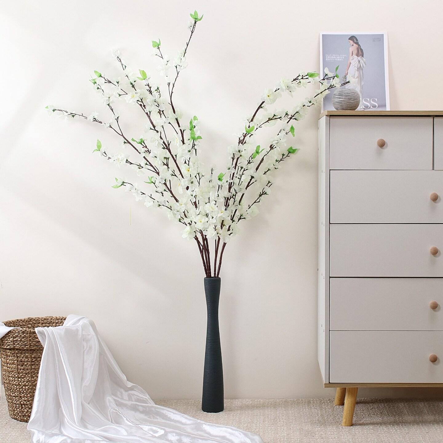 Grand Verde Cherry Blossoms Artificial Tree Branches 47” Tall Stems Silk Flowers Faux Bouquet for Floor Vase DIY Japanese Home Decor, Bulk 5pcs