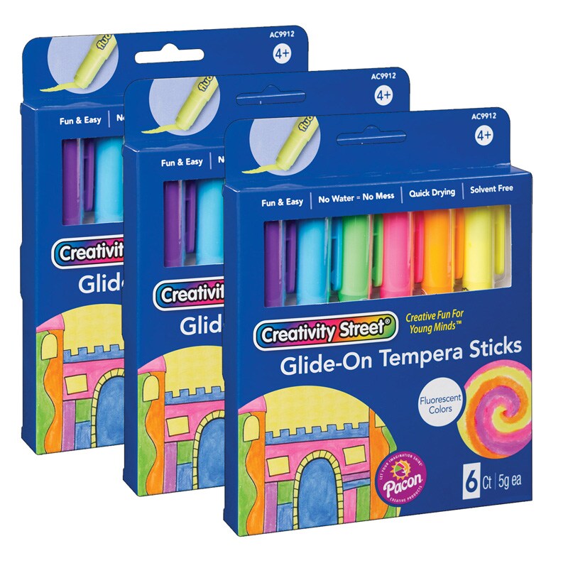 GlideOn Tempera Paint Sticks, Fluorescent Colors, 5 grams, 6 Per Pack