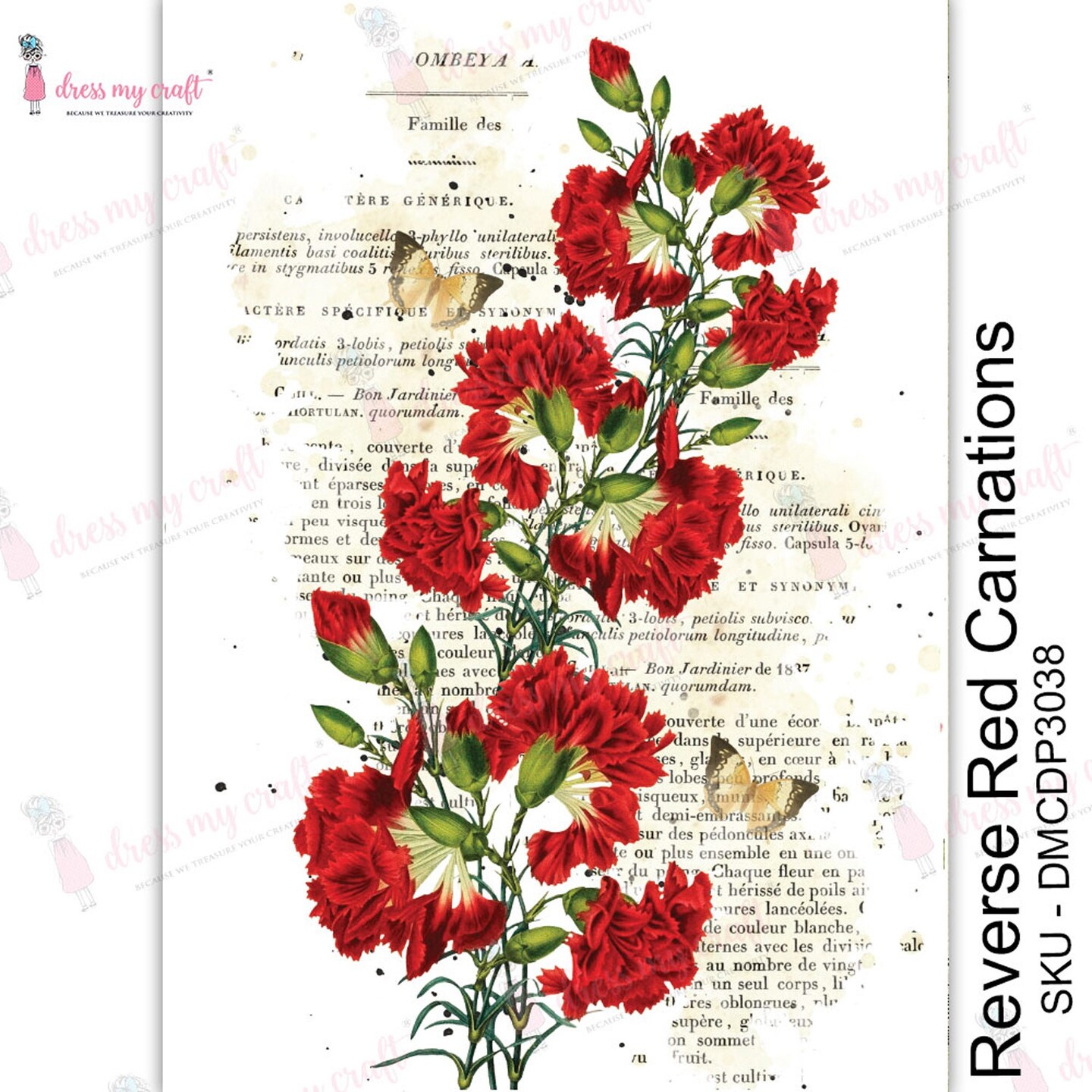 Dress My Craft Transfer Me Sheet A4Reverse Red Carnations