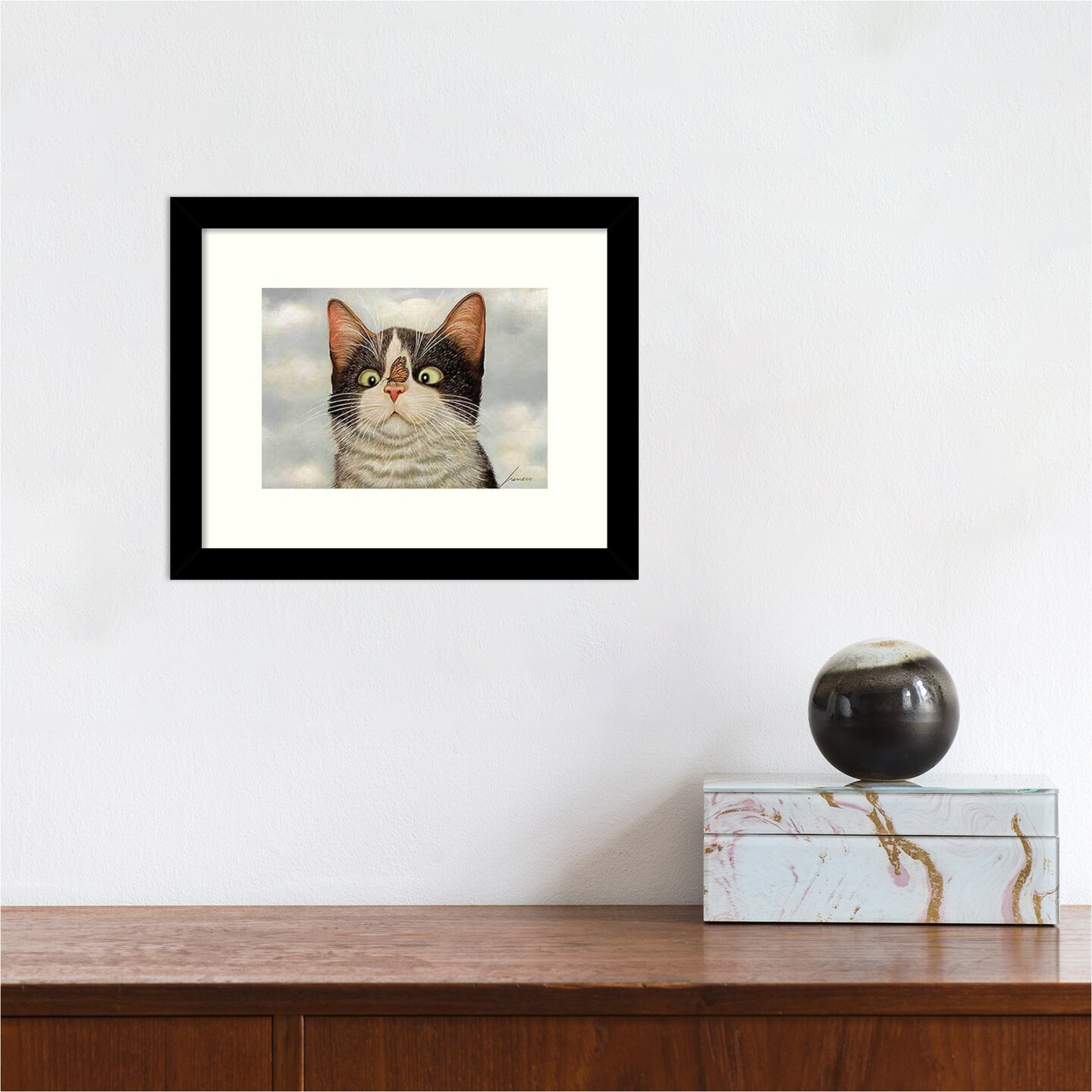 Hugo Hege Cat and Butterfly by Lowell Herrero Wood Framed Wall Art Print 11 in. W x 9 in. H