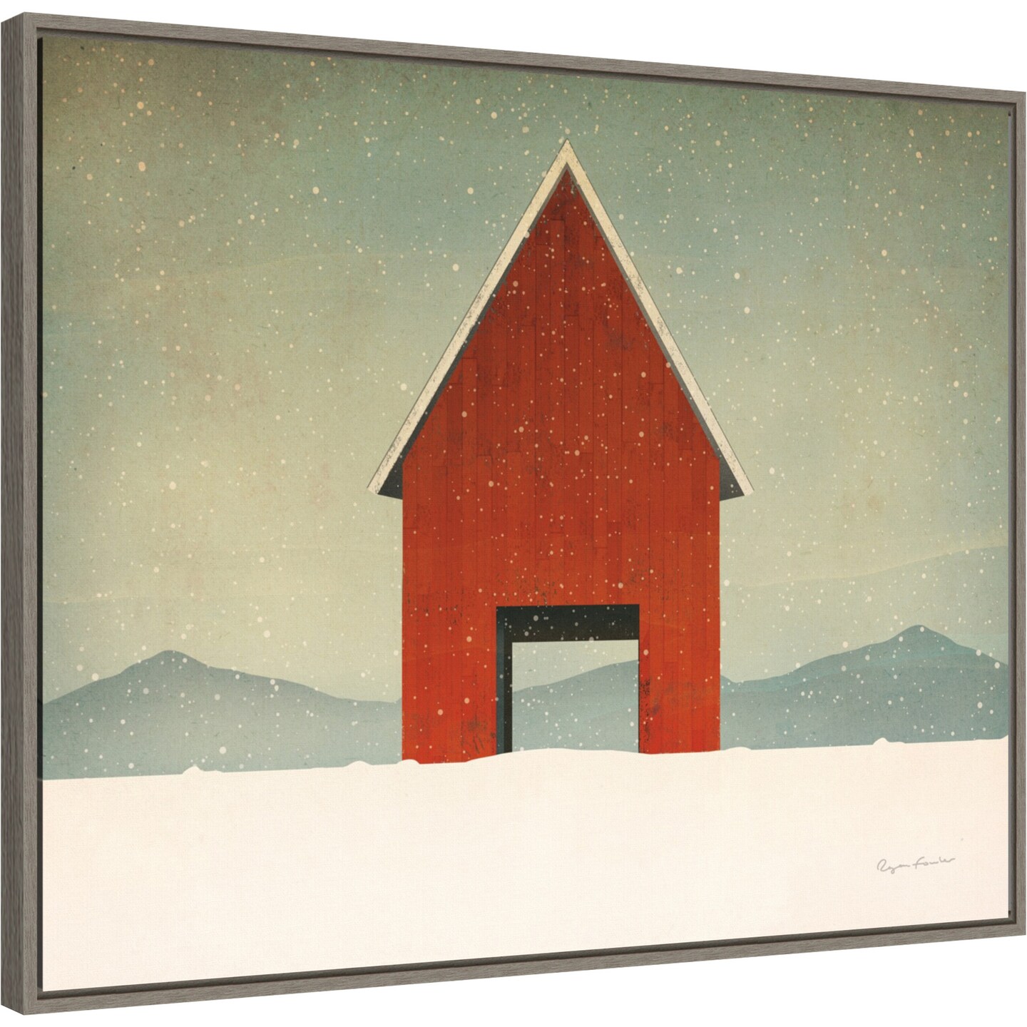 Red Barn Winter by Ryan Fowler 28-in. W x 23-in. H. Canvas Wall Art Print Framed in Grey