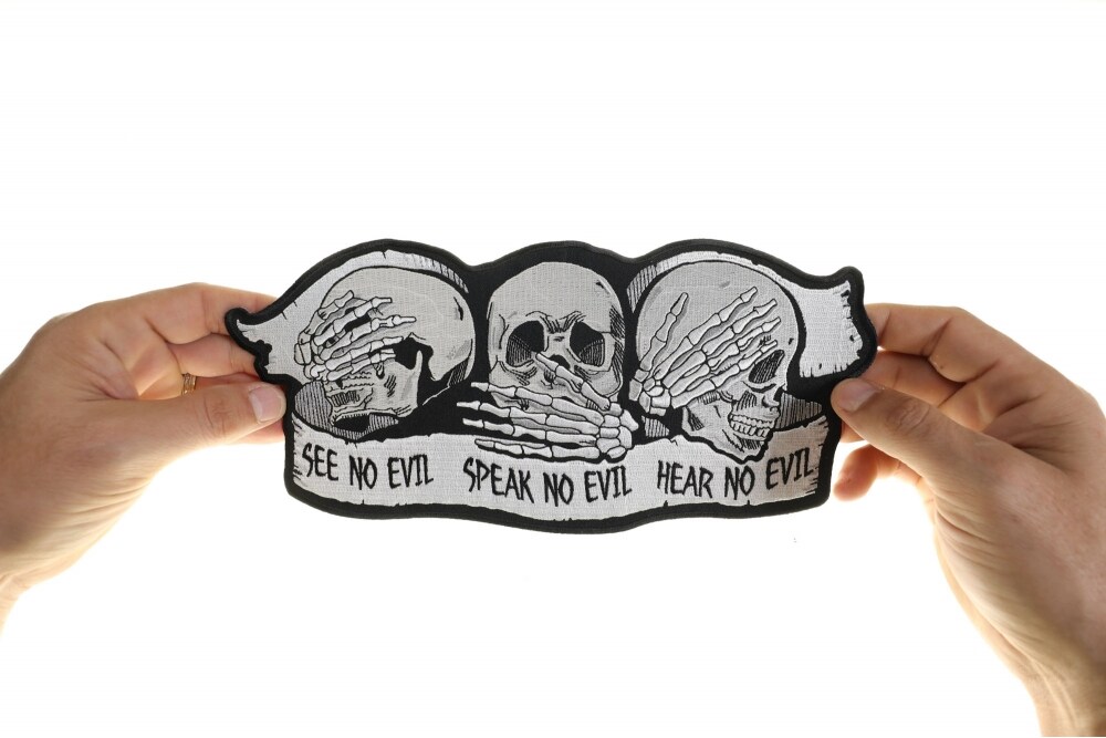 Large Back Patch, Embroidered Patch (Iron-On or Sew-On), See No Evil Speak No Evil Hear No Evil Skulls Large Back Patch, 11" x 5"