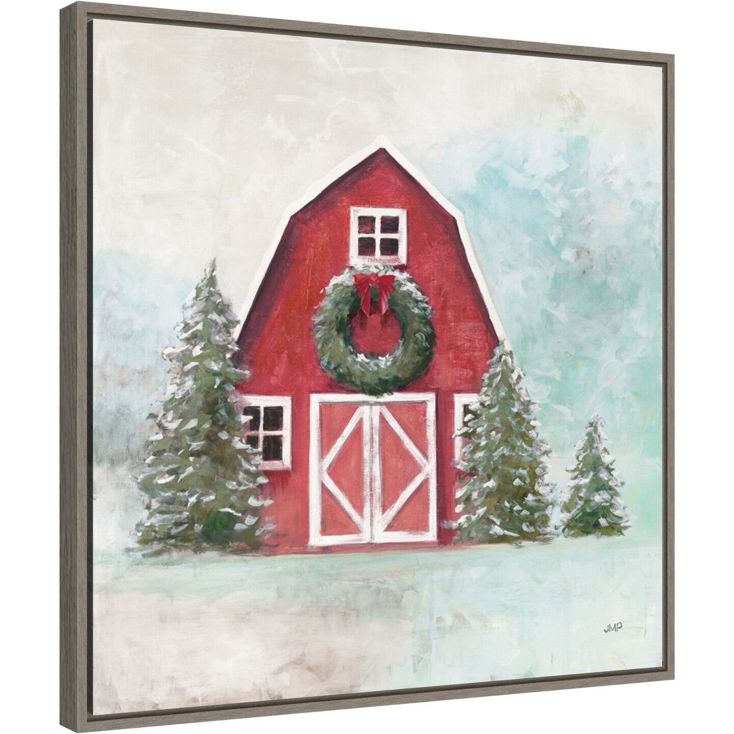 December Barn Blue Sky by Julia Purinton 22-in. W x 22-in. H. Canvas Wall Art Print Framed in Grey