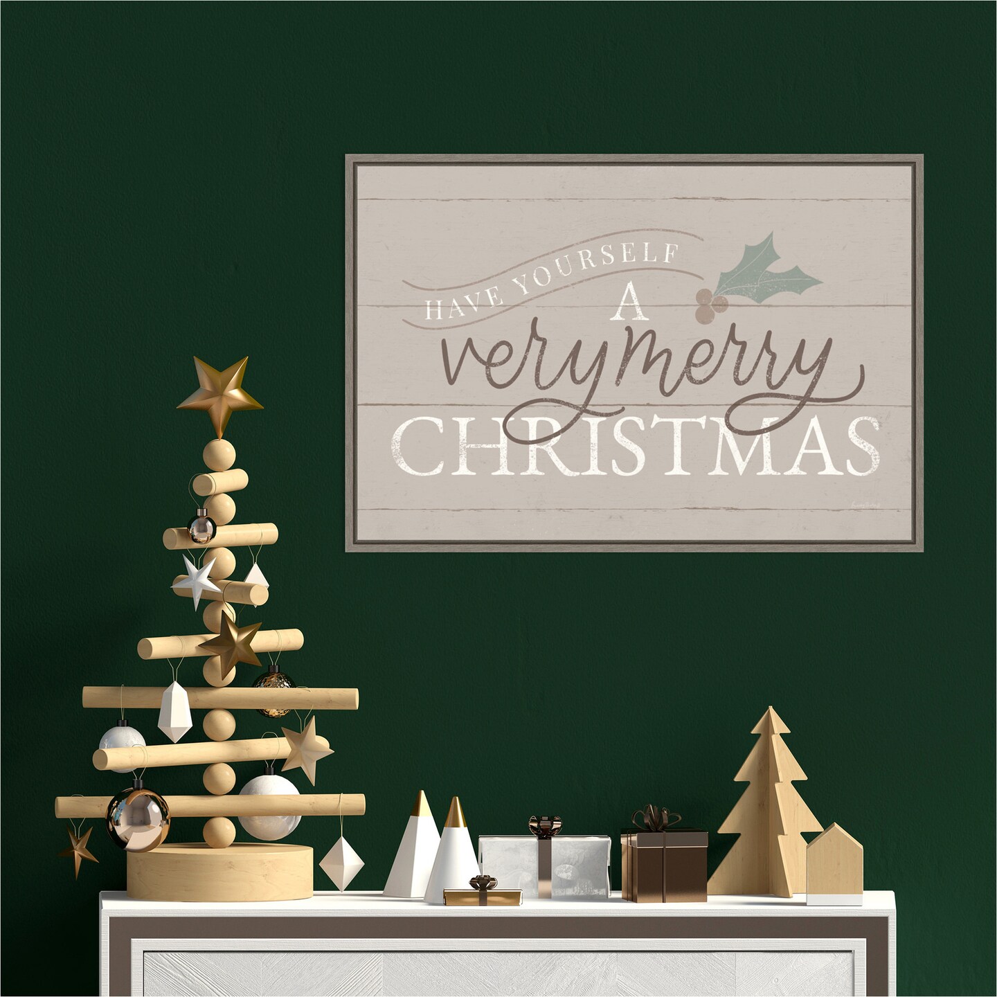 Vintage Christmas IV Neutral by Becky Thorns 23-in. W x 16-in. H. Canvas Wall Art Print Framed in Grey
