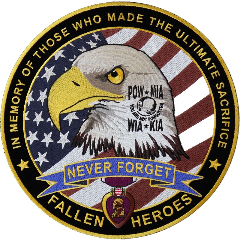 Large Back Patch, Embroidered Patch (Iron-On or Sew-On), Fallen Military Heroes POW MIA WIA KIA Memorial Large Back Patch, 12&#x22; Round