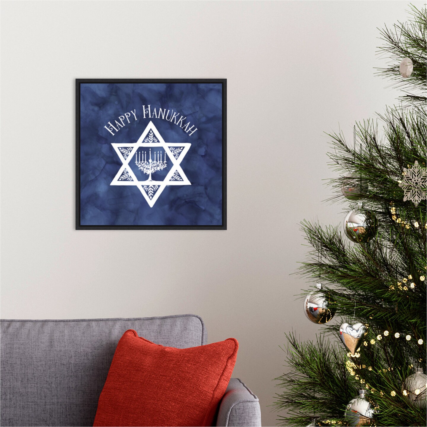 Festival of Lights blue III-Happy Hanukkah by Tara Reed 16-in. W x 16-in. H. Canvas Wall Art Print Framed in Black