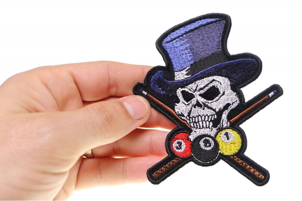 Patch, Embroidered Patch (Iron-On or Sew-On), Pool Shark Skull With Top Hat Crossed Cue Sticks, 3.5&#x22; x 4&#x22;