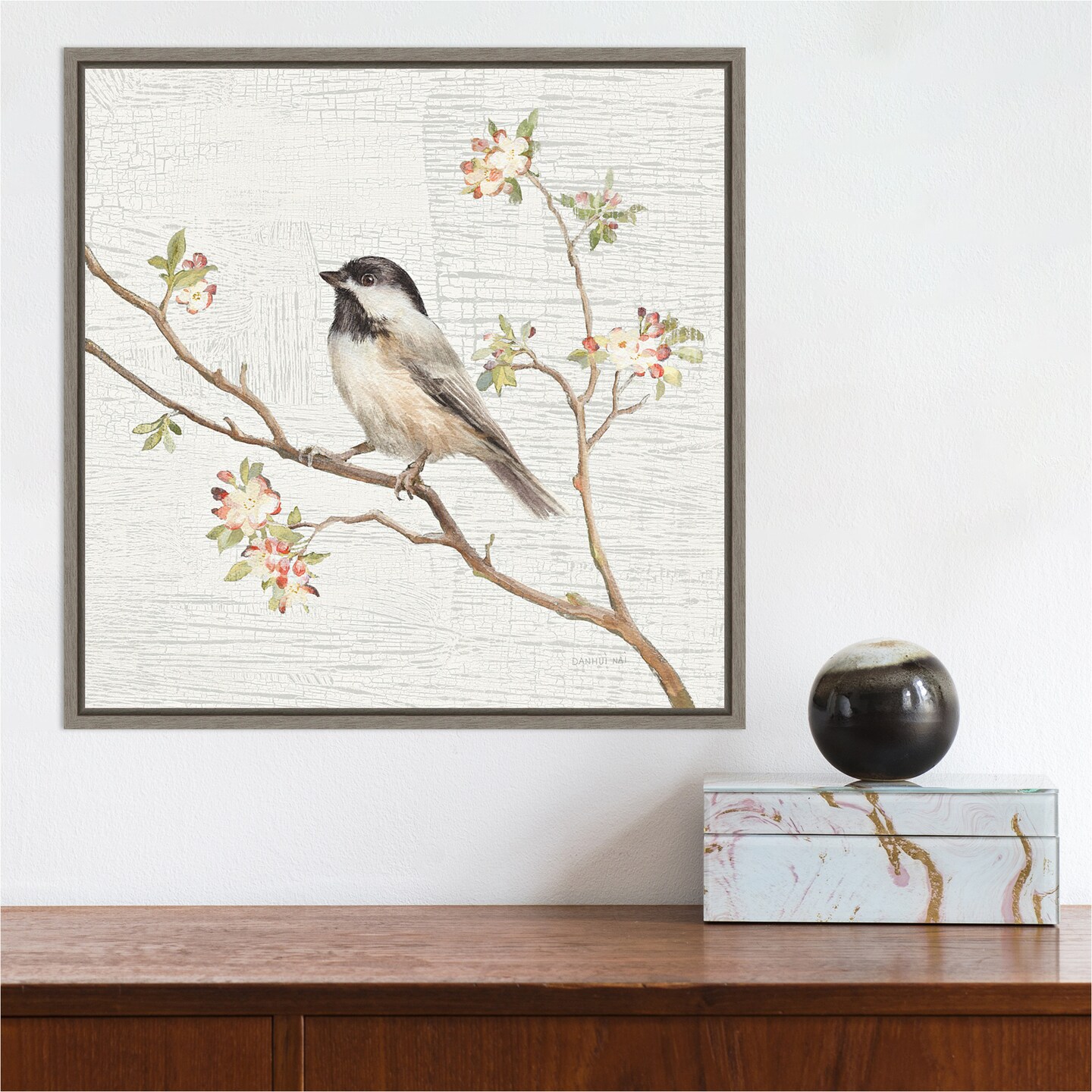 Black Capped Chickadee Vintage by Danhui Nai 16-in. W x 16-in. H. Canvas Wall Art Print Framed in Grey
