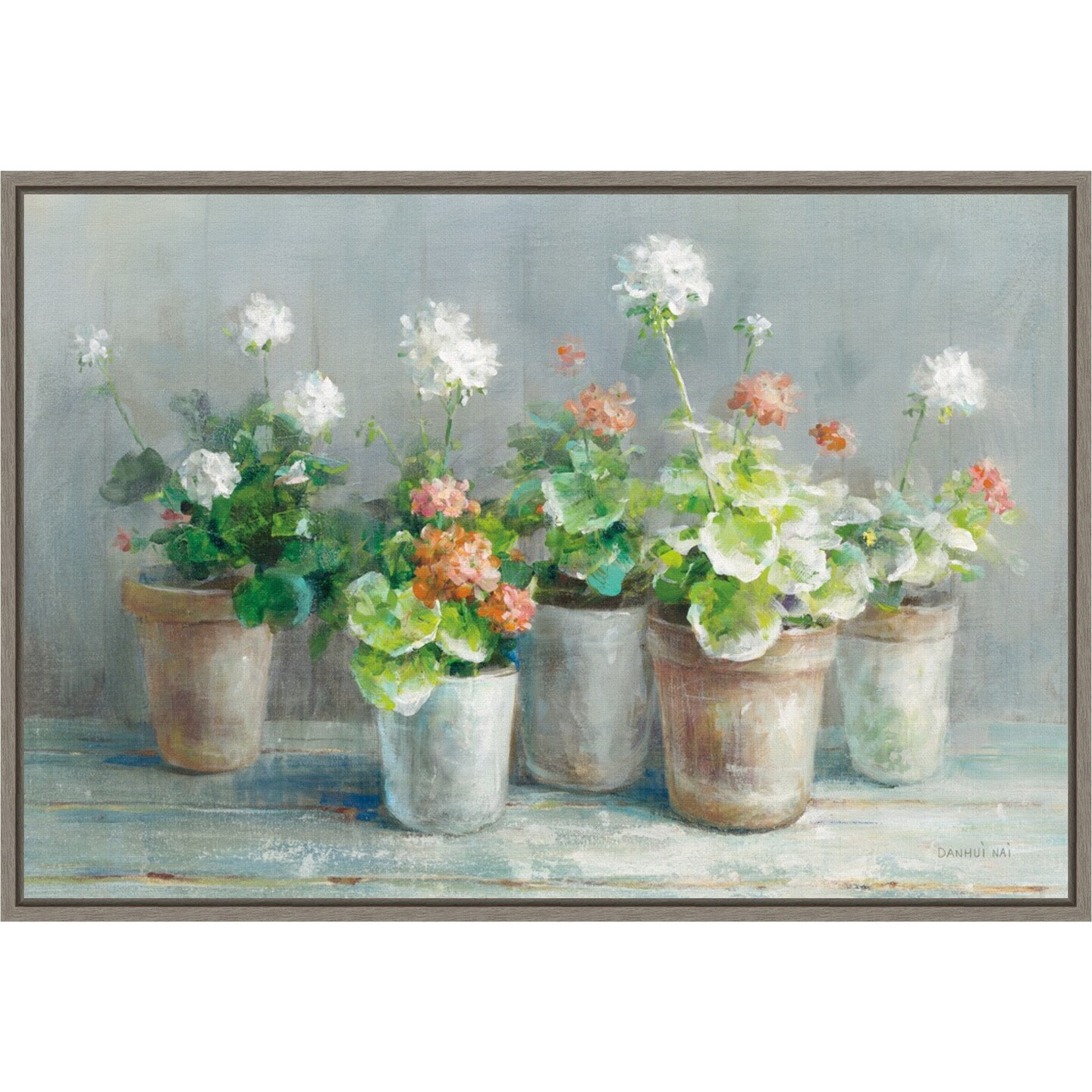 Farmhouse Geraniums in Vases by Danhui Nai 23-in. W x 16-in. H. Canvas Wall Art Print Framed in Grey