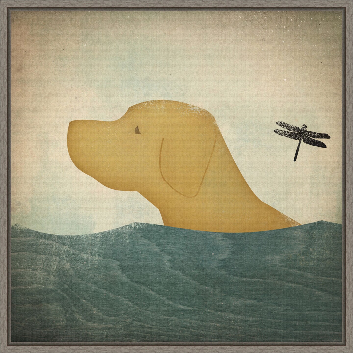 Yellow Dog Swim by Ryan Fowler 16-in. W x 16-in. H. Canvas Wall Art Print Framed in Grey