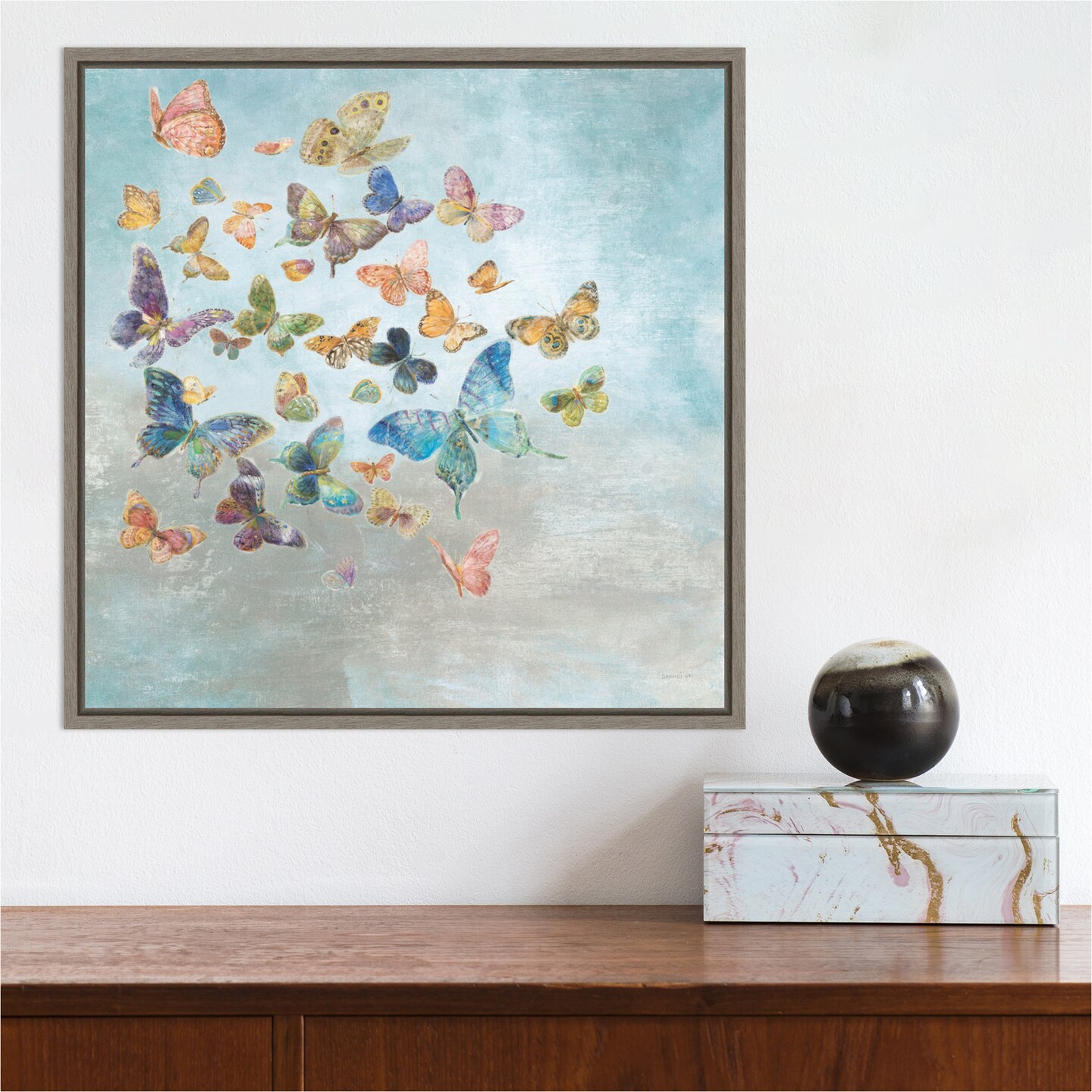 Beautiful Butterflies v3 Square by Danhui Nai 16-in. W x 16-in. H. Canvas Wall Art Print Framed in Grey