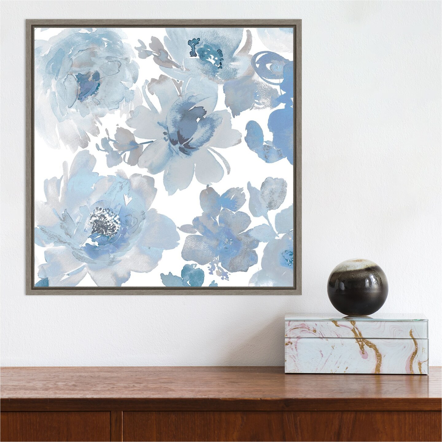 Springtime Blue and Silver Flowers by Kelsey Morris 16-in. W x 16-in. H. Canvas Wall Art Print Framed in Grey