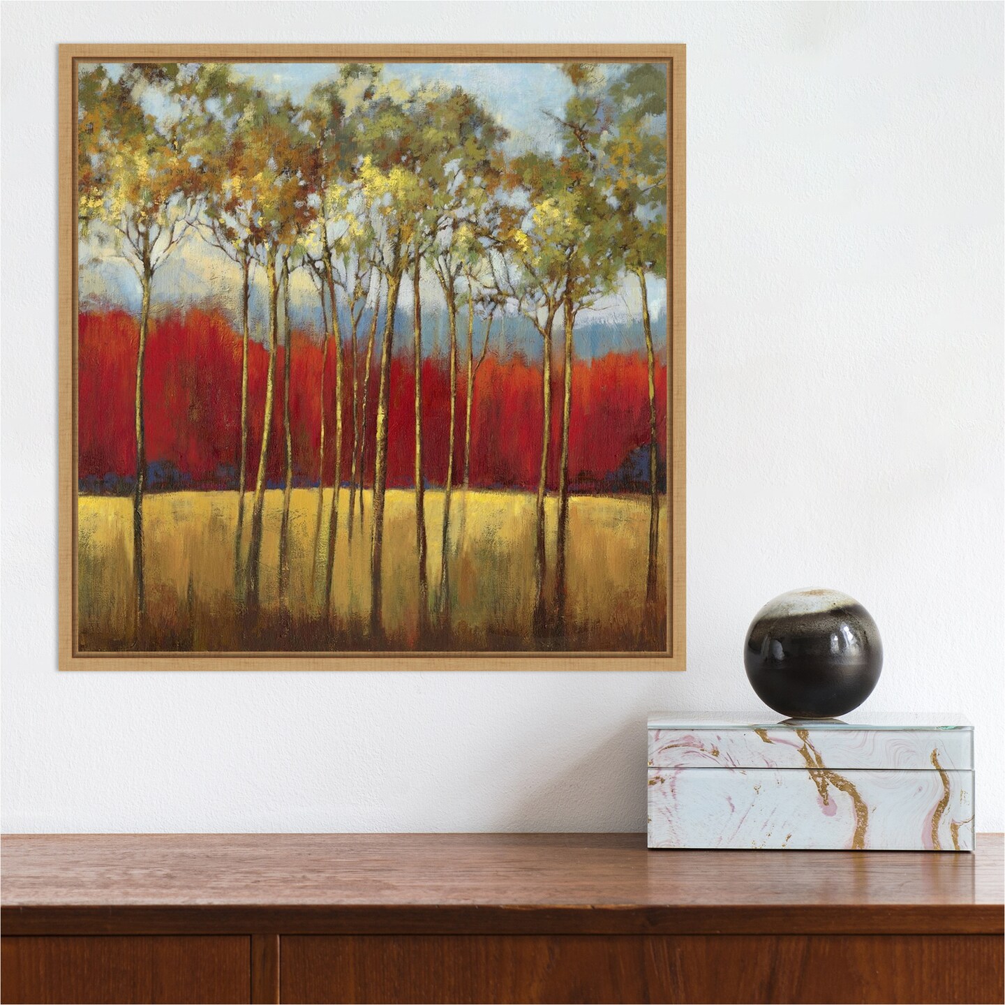 In the Horizon I (Trees) by Asia Jensen 16-in. W x 16-in. H. Canvas Wall Art Print Framed in Natural