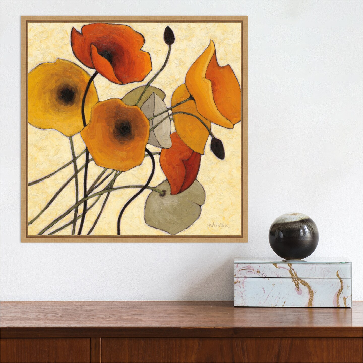 Pumpkin Poppies II by Shirley Novak 16-in. W x 16-in. H. Canvas Wall Art Print Framed in Natural