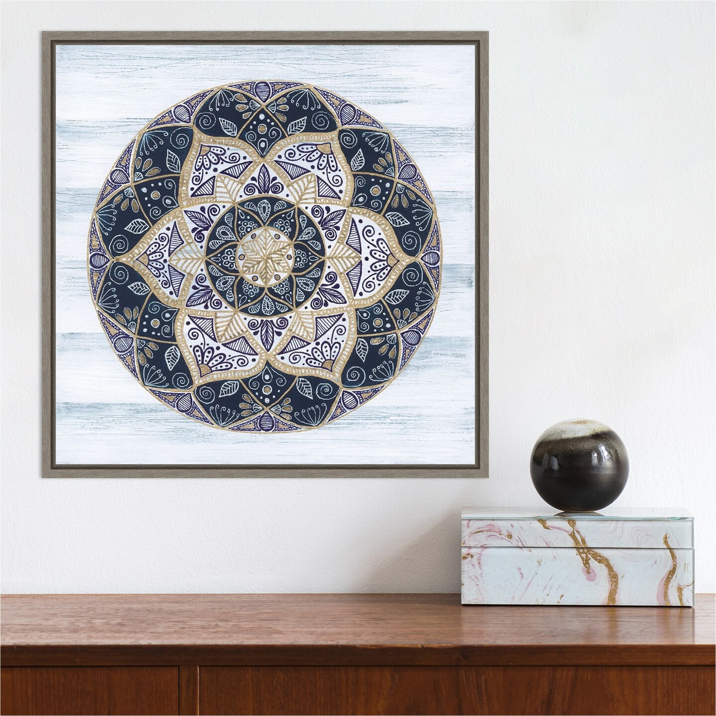 Coastal Mandala I by Yvette St. Amant 16-in. W x 16-in. H. Canvas Wall Art Print Framed in Grey