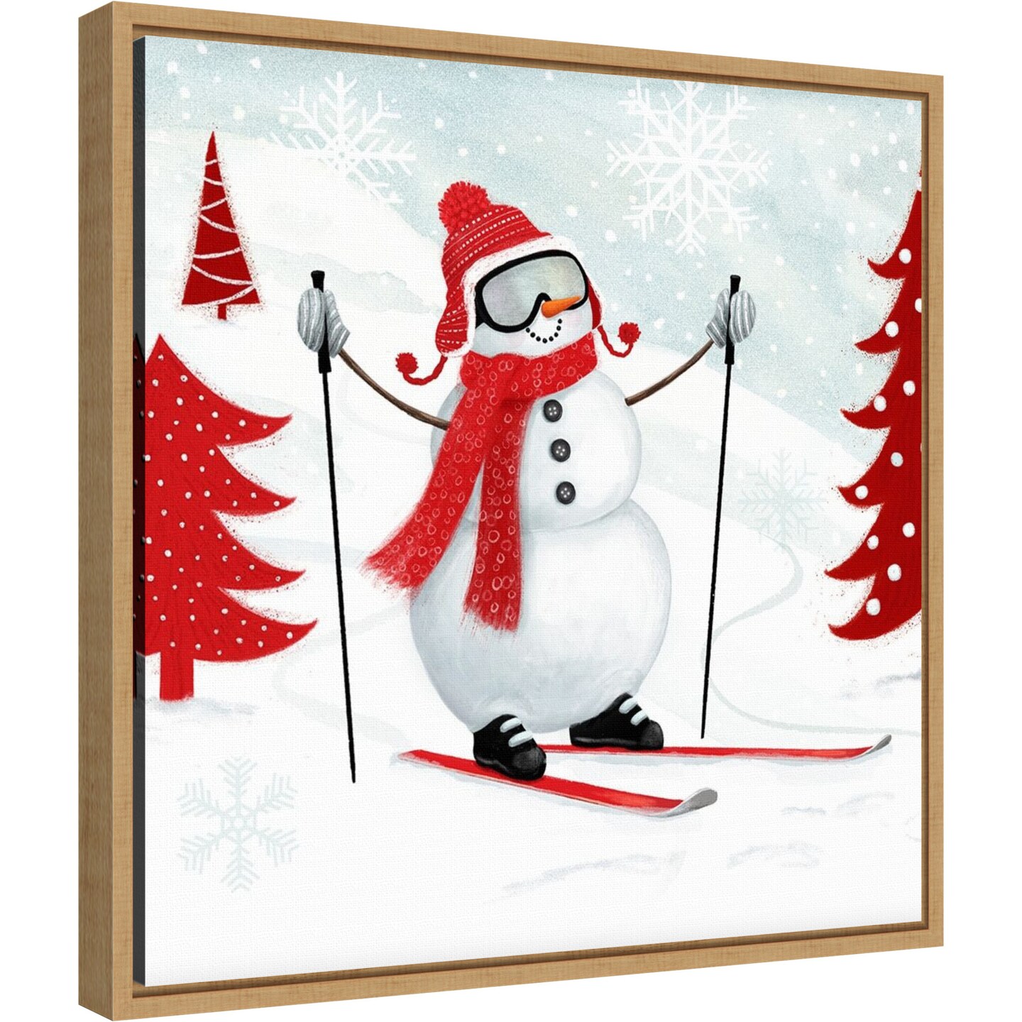 Snow Day I Snowman Skiing by Victoria Borges 16-in. W x 16-in. H. Canvas Wall Art Print Framed in Natural