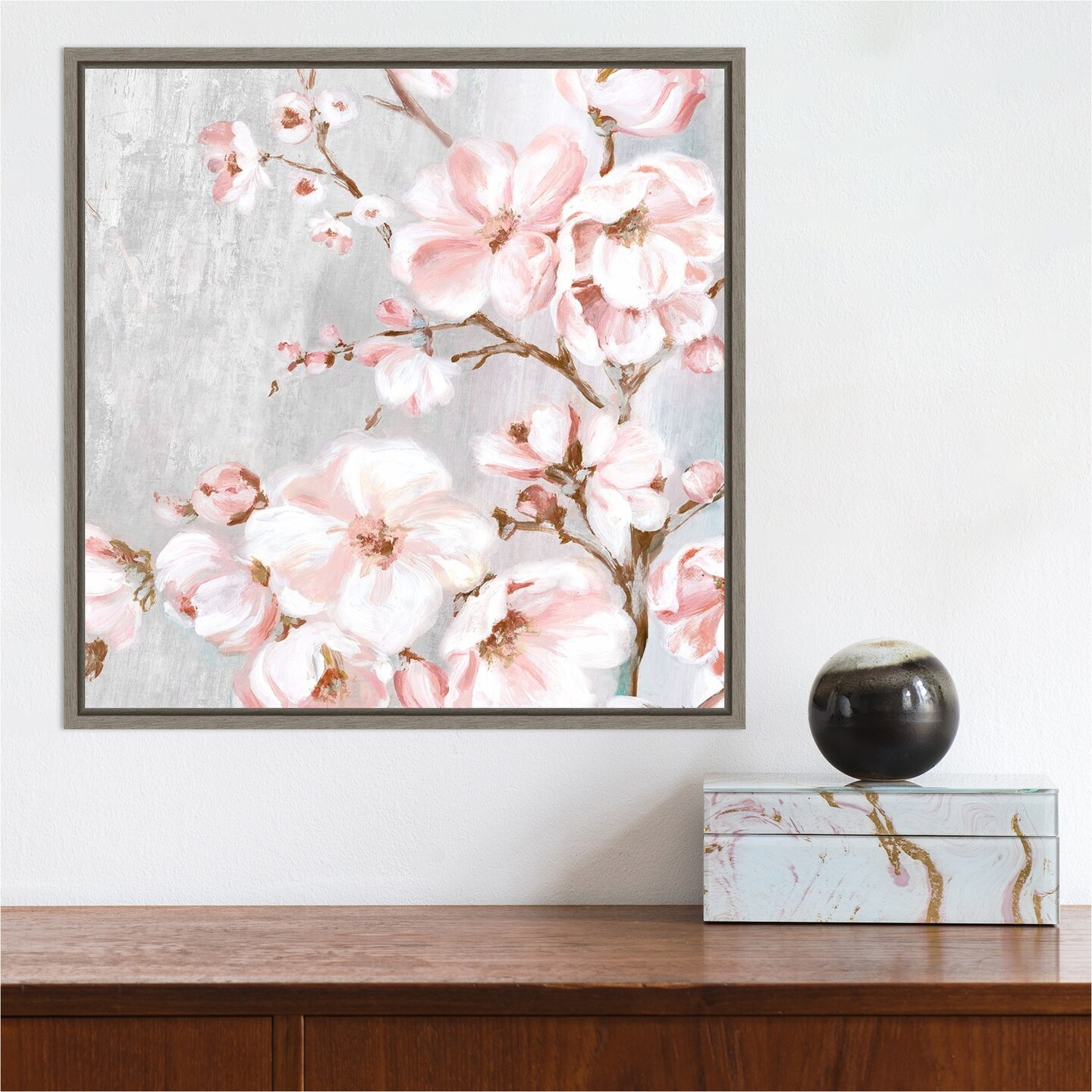 Spring Cherry Blossoms II by Eva Watts 16-in. W x 16-in. H. Canvas Wall Art Print Framed in Grey