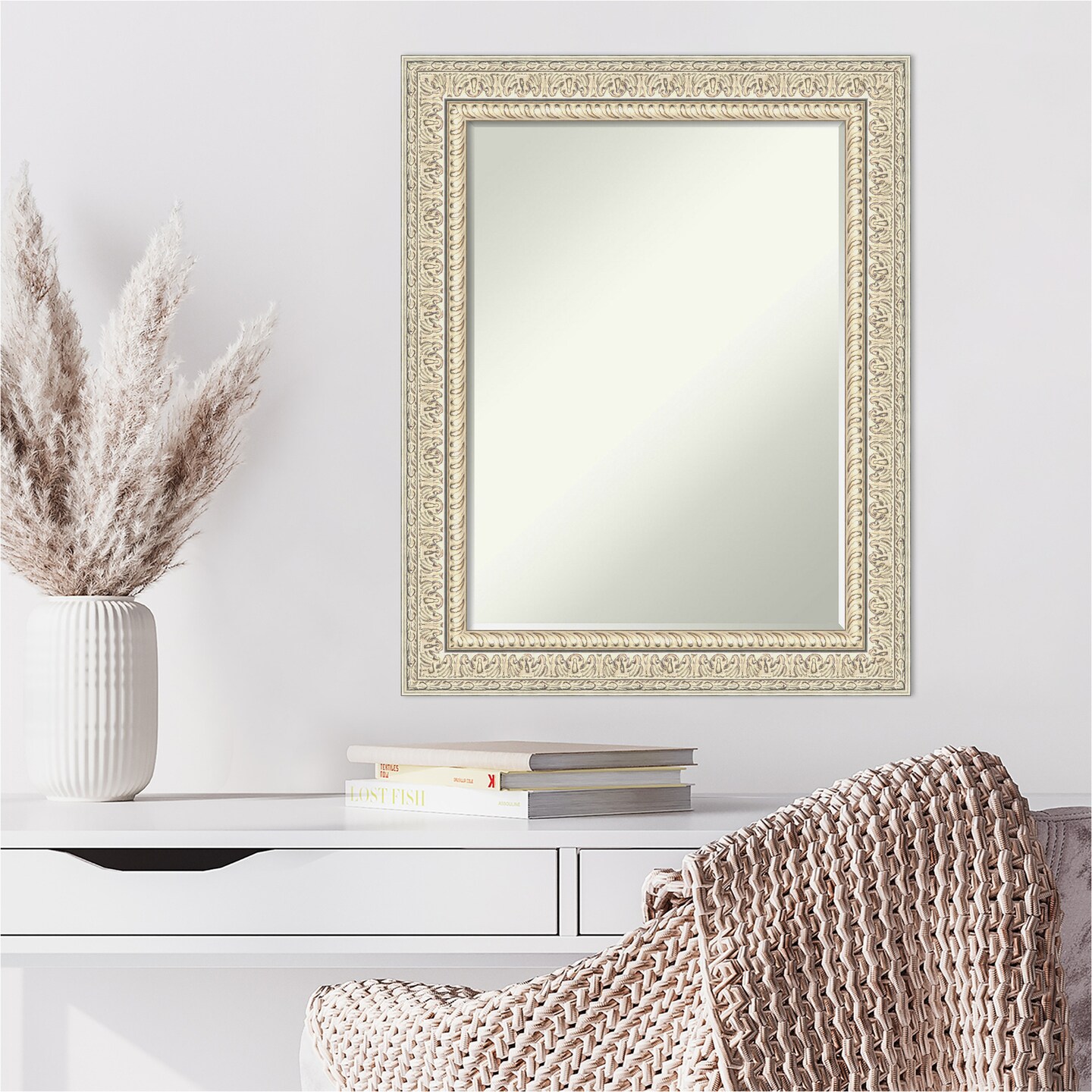 Petite Bevel Wood Wall Mirror, Fair Baroque Cream Frame