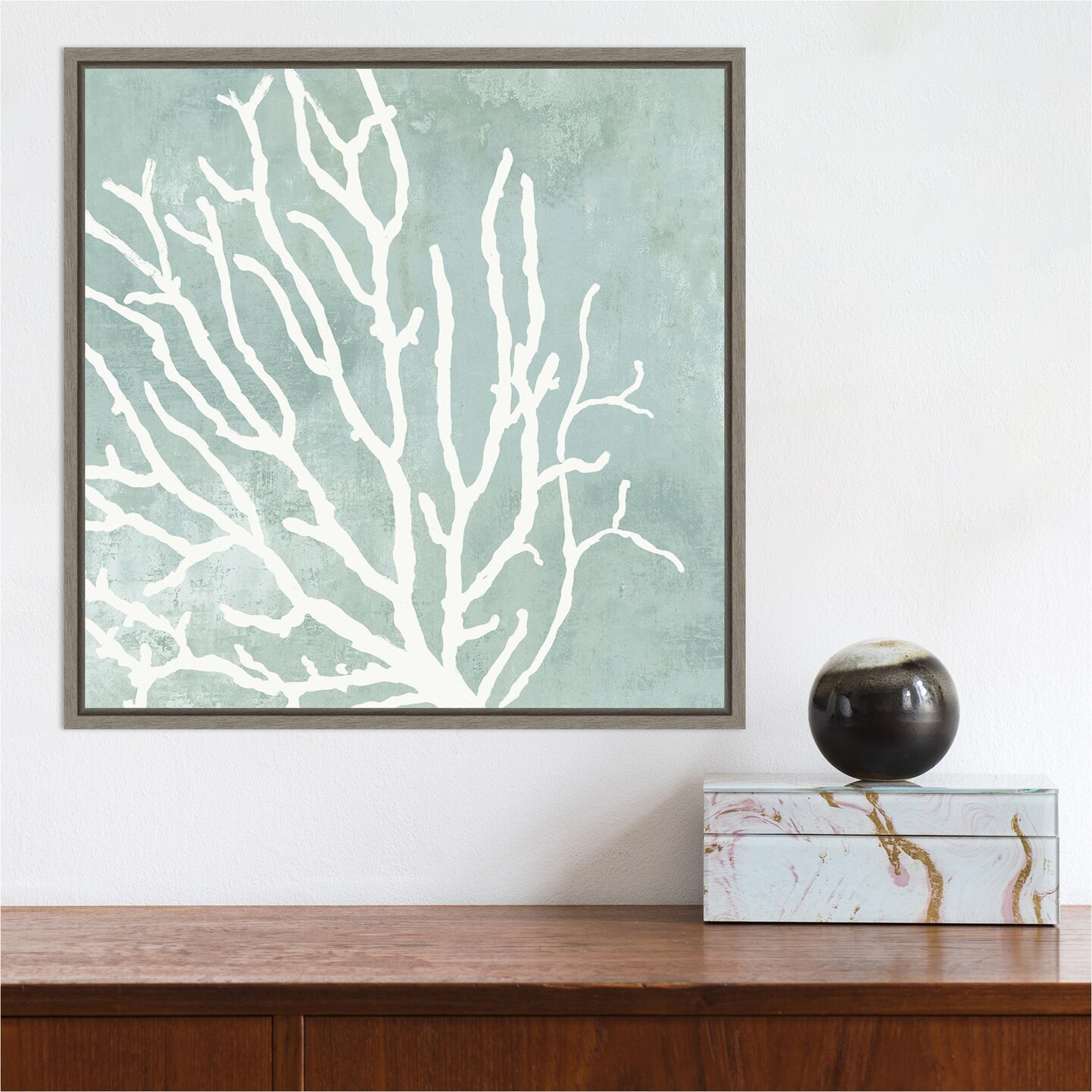 Sea Crown I (Coral) by Aimee Wilson 16-in. W x 16-in. H. Canvas Wall Art Print Framed in Grey