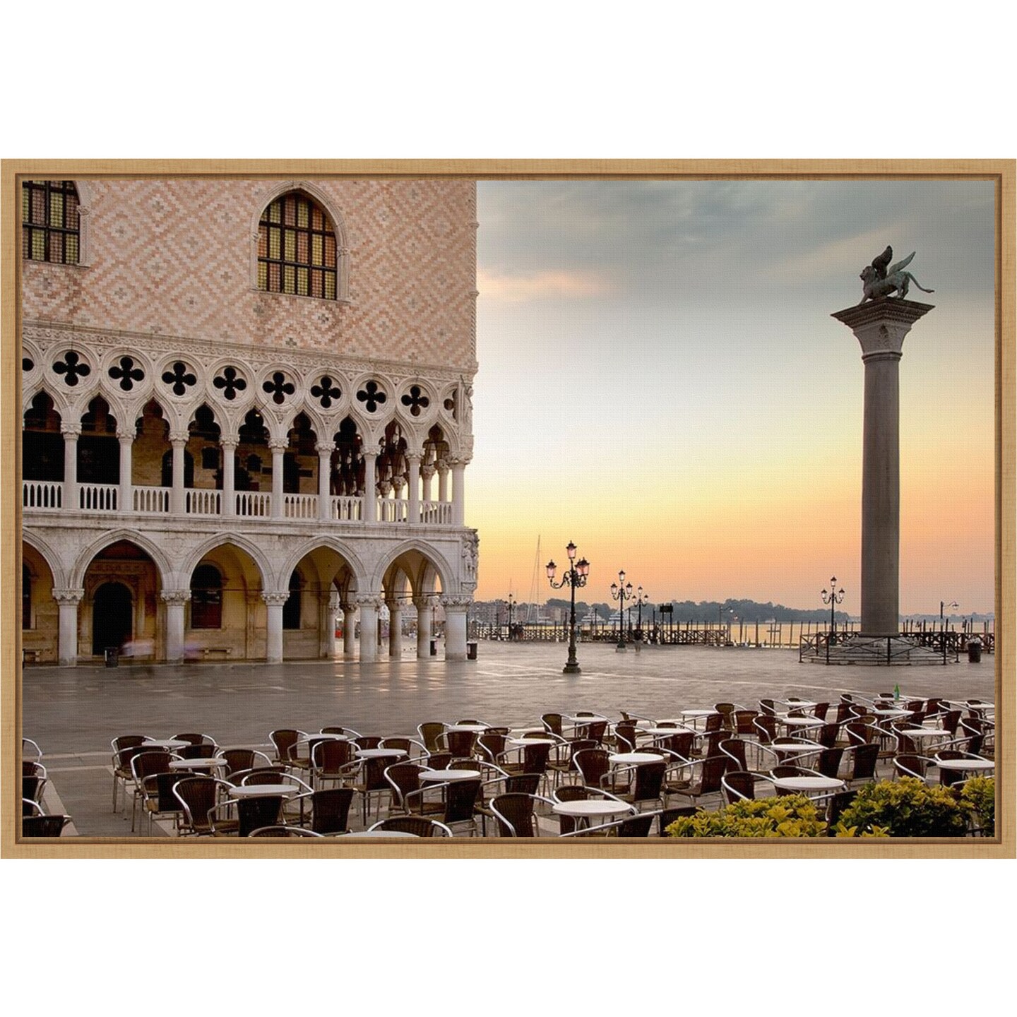 Piazza San Marco Sunrise Italy by Alan Blaustein 23-in. W x 16-in. H. Canvas Wall Art Print Framed in Natural