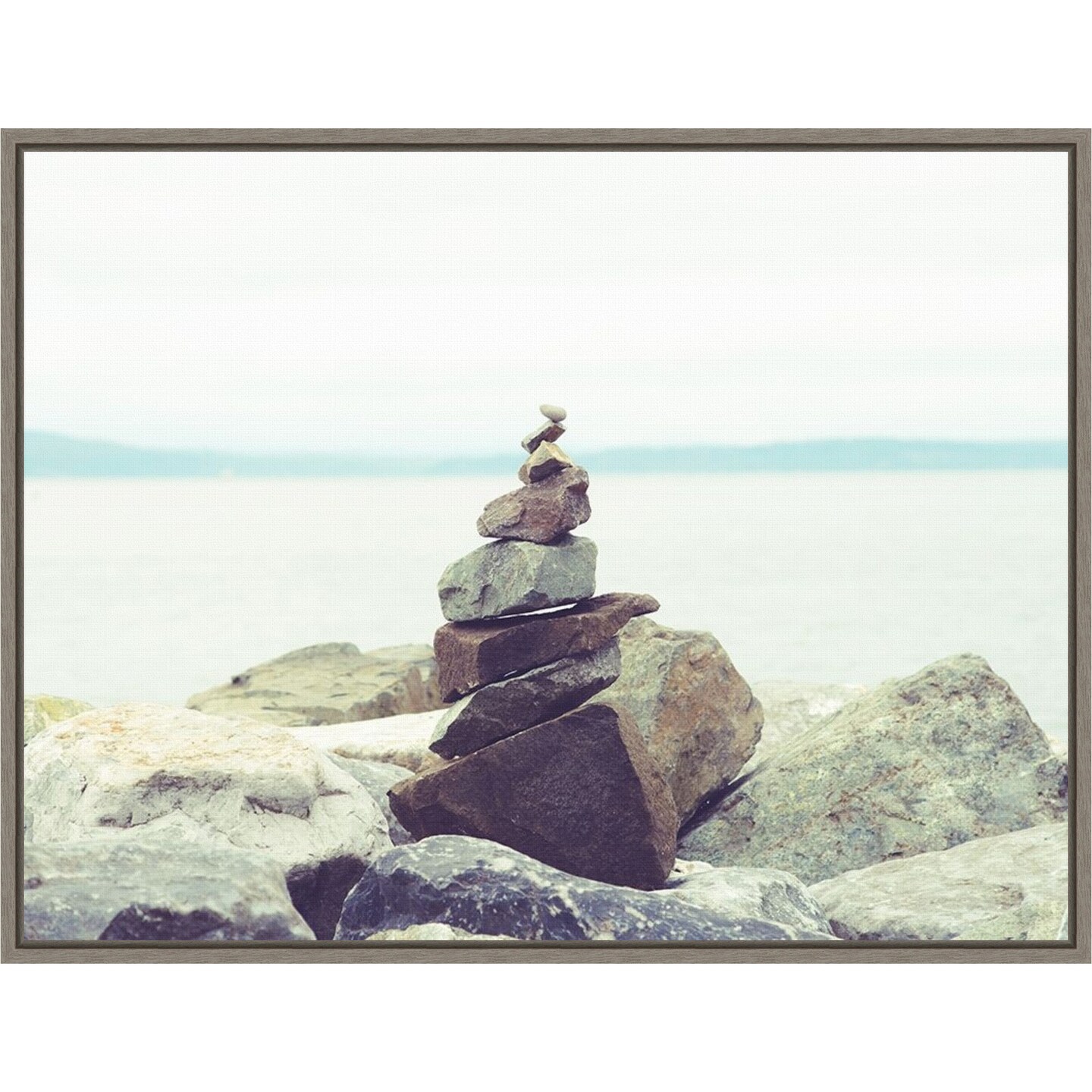 Bay Rocks and Beach II by Sonja Quintero 24-in. W x 18-in. H. Canvas Wall Art Print Framed in Grey