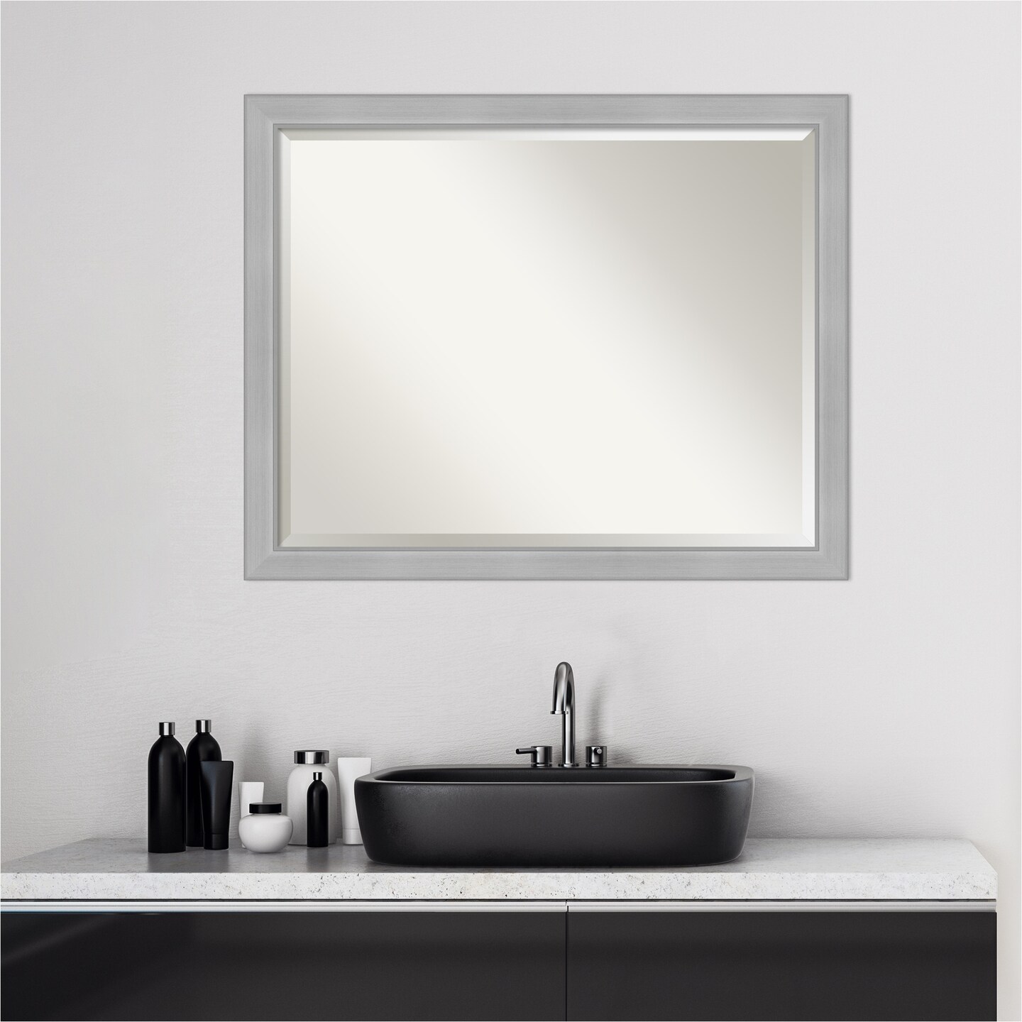 Beveled Bathroom Wall Mirror, Vista Brushed Nickel Narrow Frame