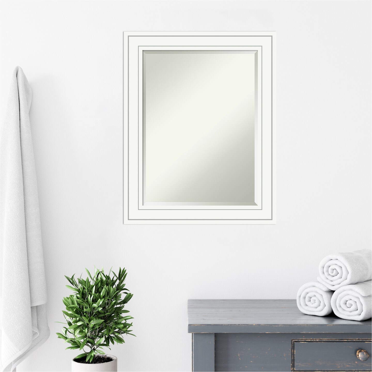 Beveled Wood Bathroom Wall Mirror, Craftsman White Frame