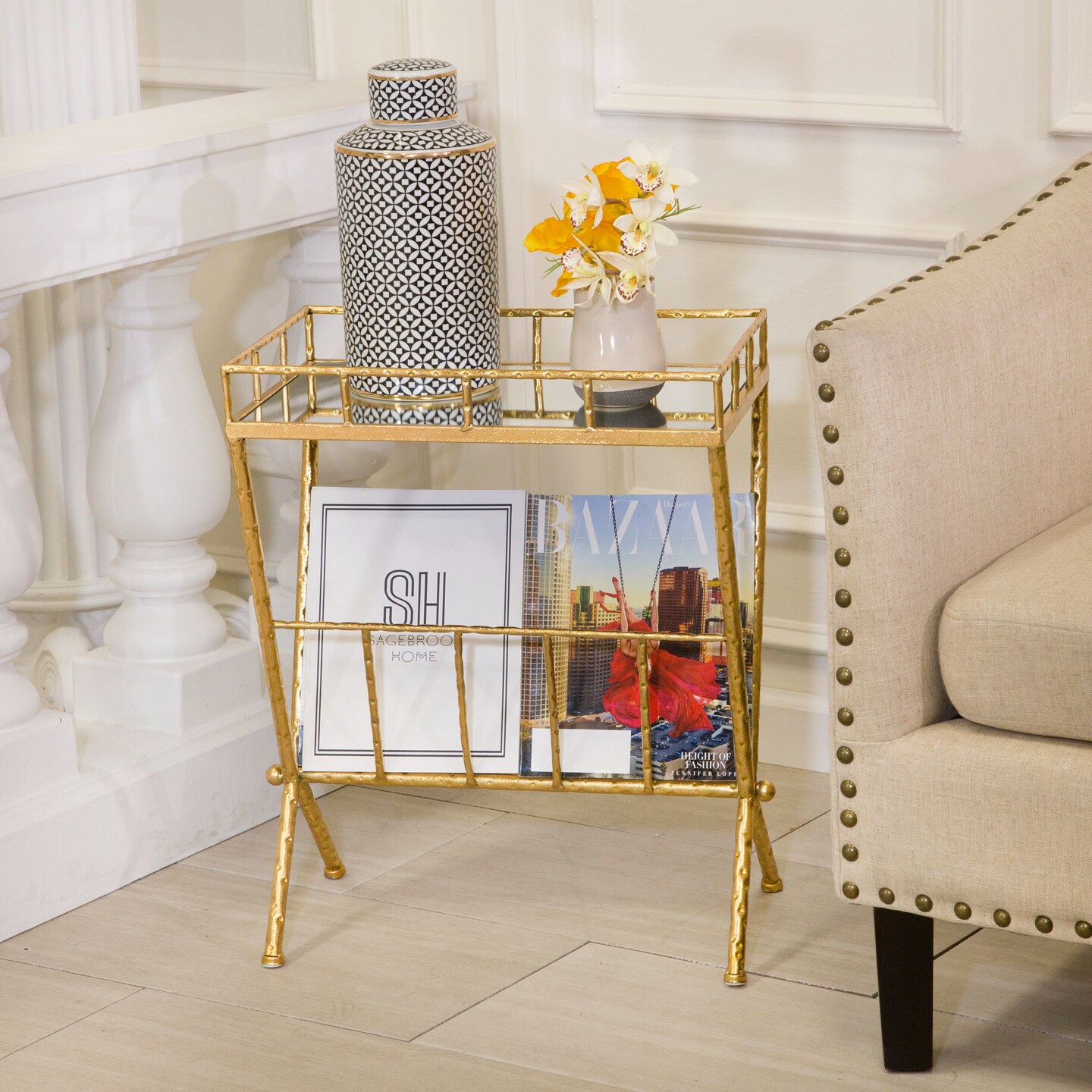 Kingston Living 23.25" Gold Rectangular Glass Mirrored Accent Table
