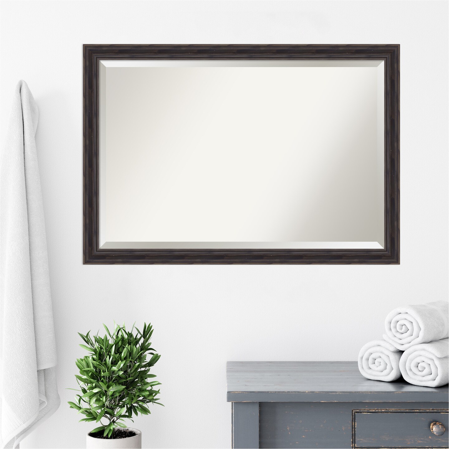 Beveled Wood Bathroom Wall Mirror, Rustic Pine Narrow Frame