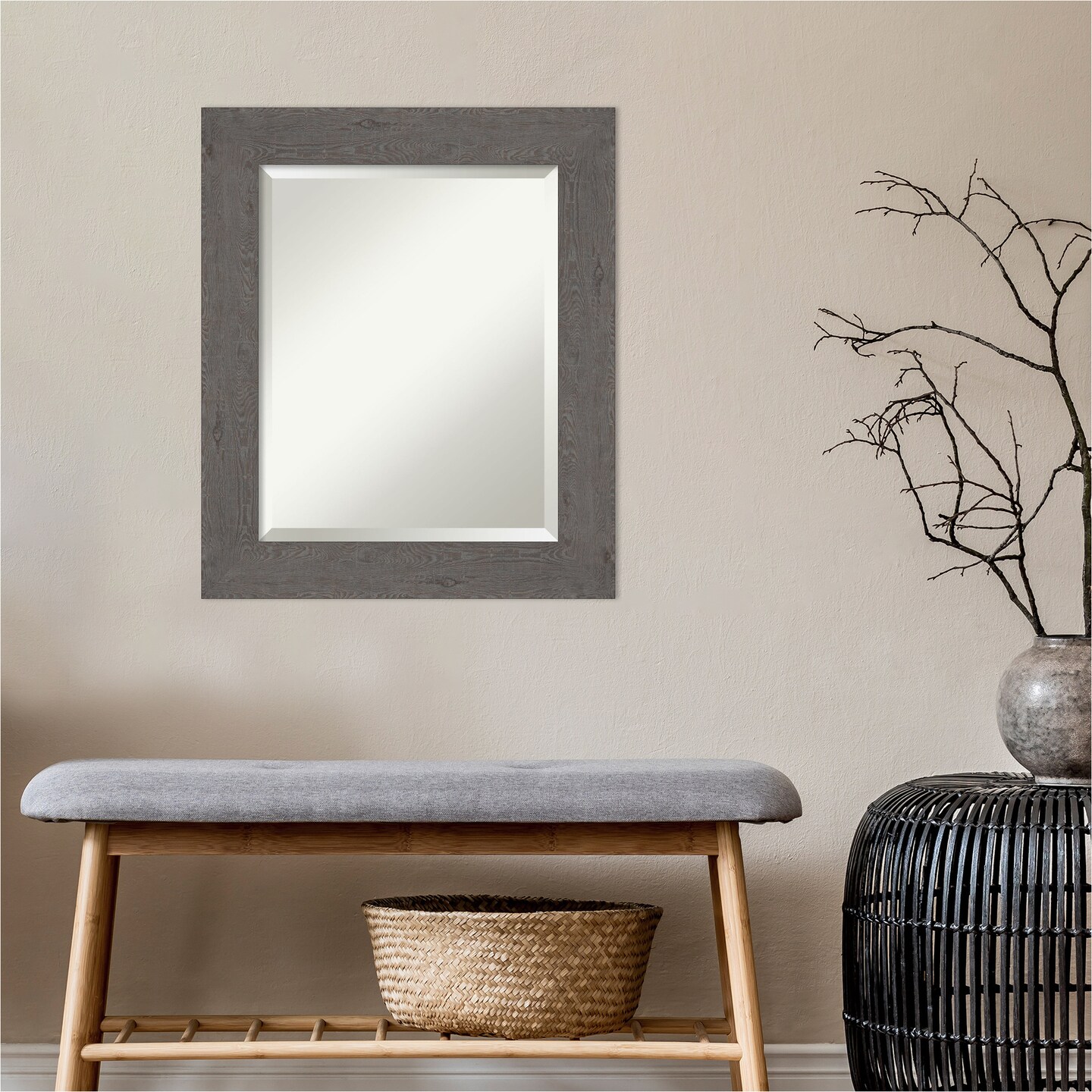 Beveled Bathroom Wall Mirror, Rustic Plank Frame