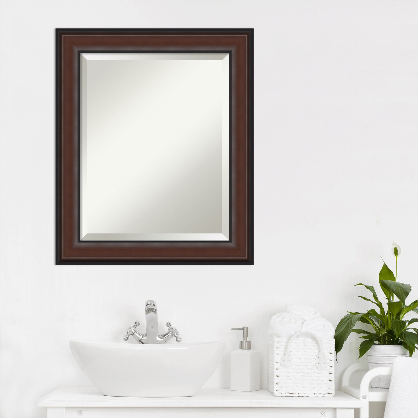 Beveled Bathroom Wall Mirror, Harvard Walnut Frame